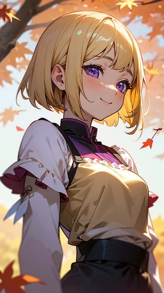 1 Girl、Anime-style paintings、Upper body close-up、From the side、Pork cutlet on rice、Small breasts、smile、(blonde)、Bobcut、Beautiful purple eyes、Frilled blouse、Autumn leaves park、Background Blur, Written boundary depth