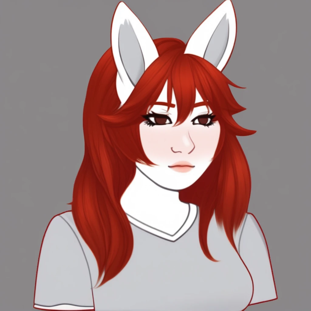 furry, furry artwork, female, anthro, hare-bobcat hybrid, (((light gray fur))), ((long rabbit ears)), ((feline snout)), ((golden brown eyes)), ((long crimson red hair)), (cat tail), realistic fur body, realistic hair, realistic eyes, tight red t-shirt, large E-cup size breasts, trad wife