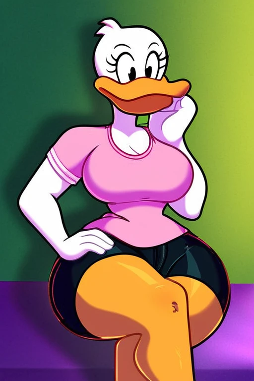 (ducktales:1.2) (ducktales:1.2) (by kyurisawa:1.2) (by chelodoy:1) (by ashraely:1) BREAK, daisy duck, beak, white skin, white body, white hair, black centered bow, headband, rounded bangs, hair bun, female, breasts, orange legs,  clothed, clothing, mouth closed, eyeliner, teal eyeshadow, black eyes, inside, mansion background, night (smile, squint:1.3) looking at viewer (pink dress) (clothed:1.2), skirt lift, pussy, spread legs, pussy juice 