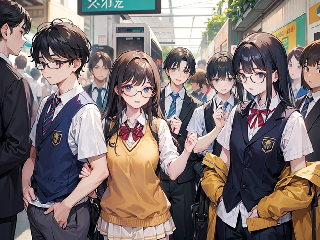 A group of boys in vests surrounded a female student,Wearing gold-rimmed glasses