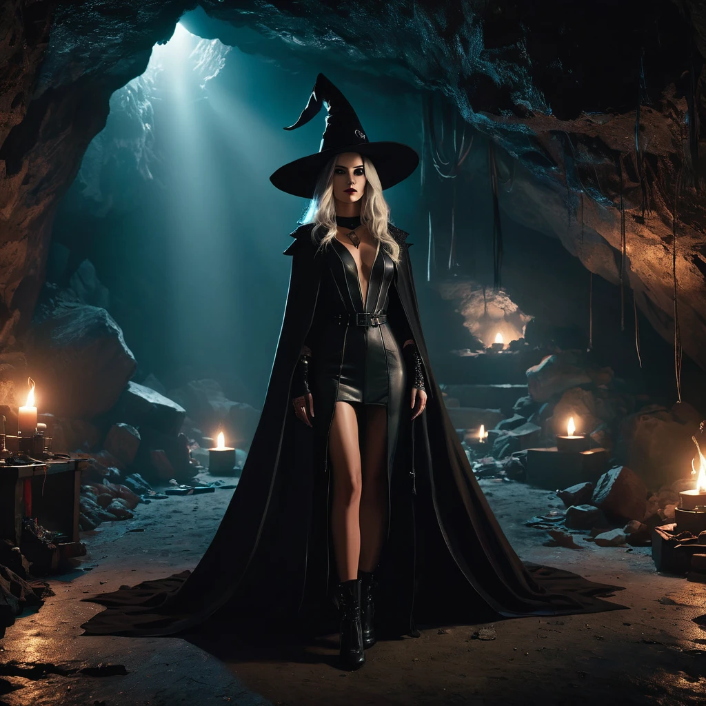 dark atmospheric horror, middle aged sexy cyberpunk witch coven in a cave, (RAW photo, real, best quality, masterpiece:1.2), detailed, (hyper realistic, photo-realistic:1.2), high quality, (dark lighting:1.2), perfect lighting