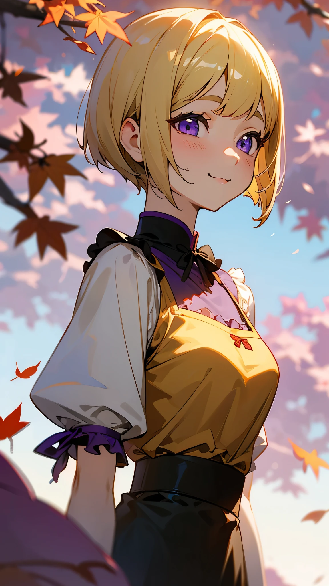 1 Girl、Anime-style paintings、Upper body close-up、From the side、Pork cutlet on rice、Small breasts、smile、(blonde)、Bobcut、Beautiful purple eyes、Frilled blouse、Autumn leaves park、Background Blur, Written boundary depth