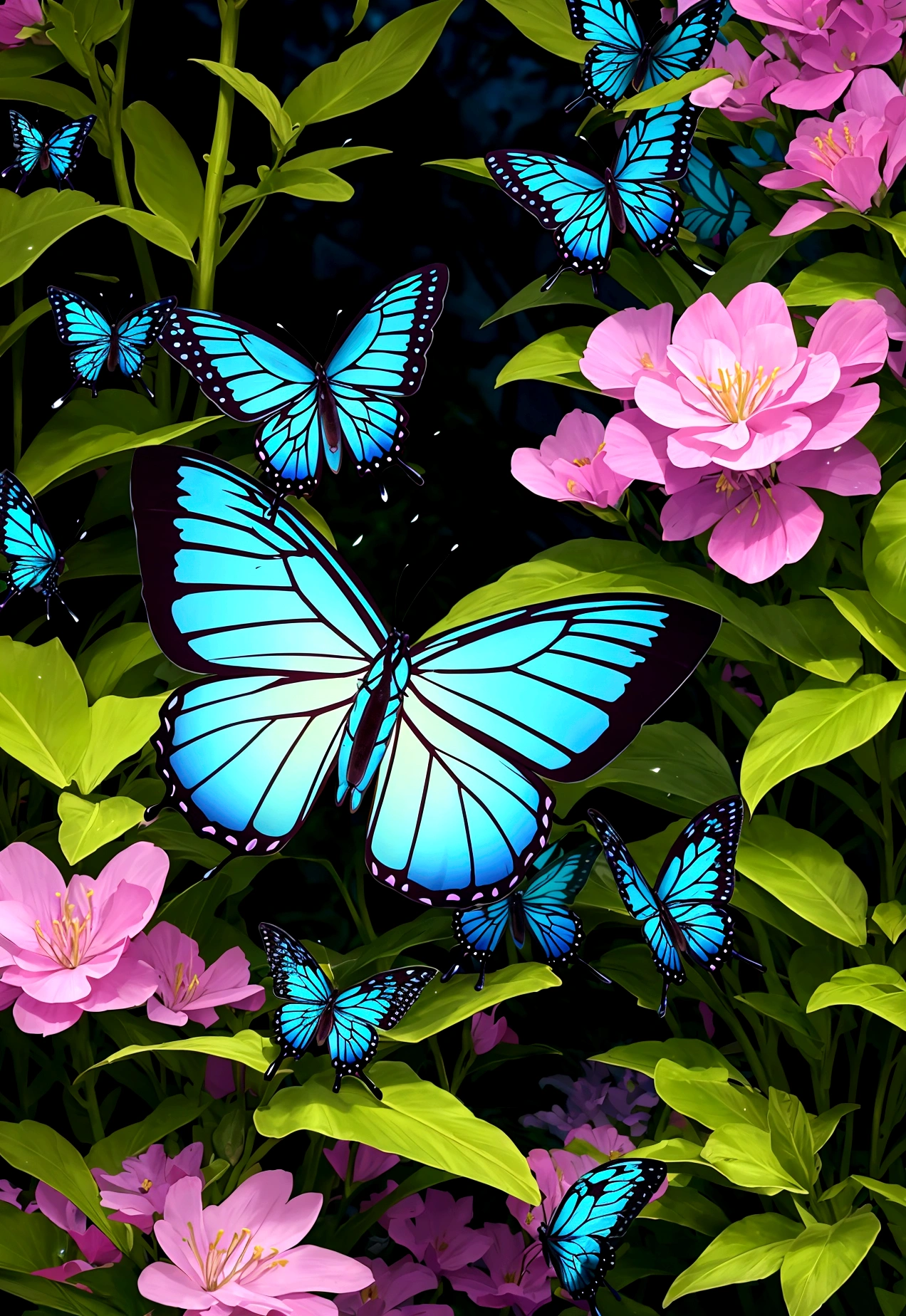 fantasy garden, detailed butterfly with realistic motion blur and lighting effects, detailed flowers, photorealestic, cinematic lighting, Intricate detailing, muito detalhado, 8K, masterpiece, Science fiction landscape