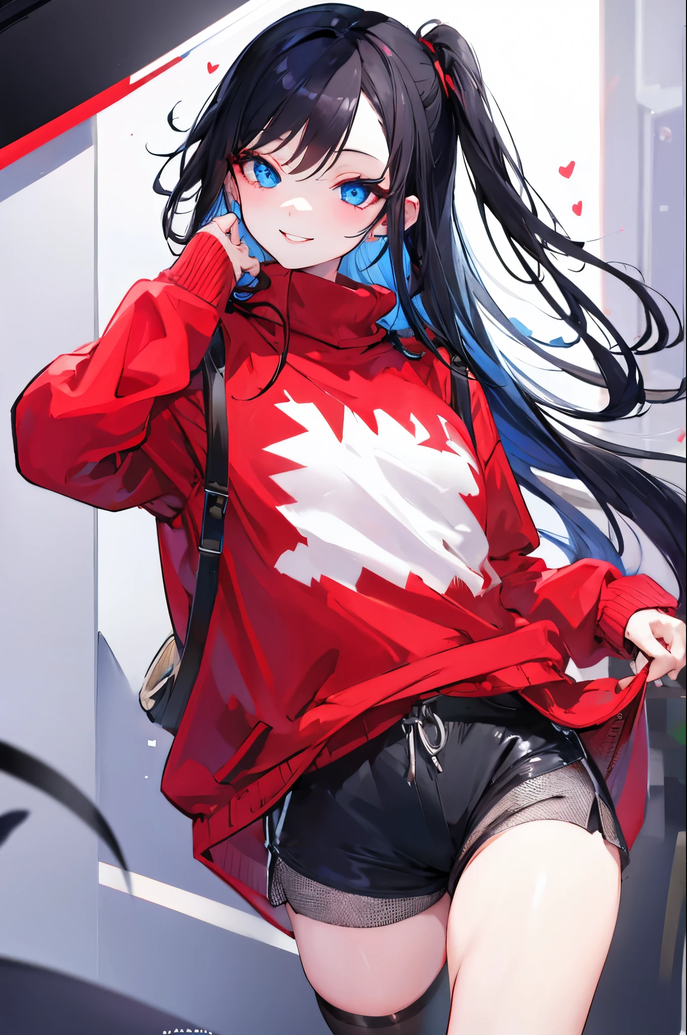 1girl,Red sweater,Shorts, mesh stockings,Smile, Black hair, blue eyes.