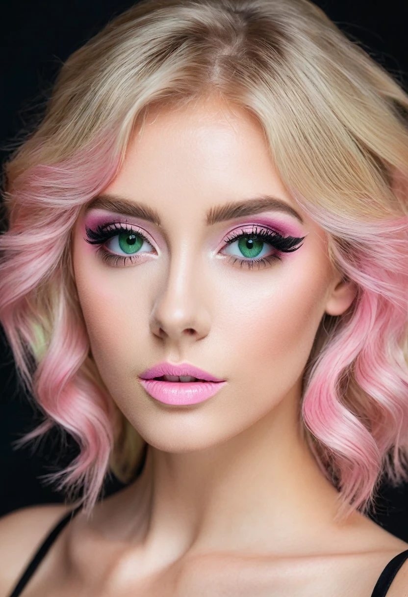 blond woman with pink eye makeup and black dress posing for a picture, a pastel by Zahari Zograf, shutterstock, aestheticism, blonde hair and large eyes, blonde hair with pink highlights, blonde and attractive features, with professional makeup, pink wispy hair, sexy face with full makeup, blonde beautiful young woman, beautiful blonde woman, blond hair green eyes