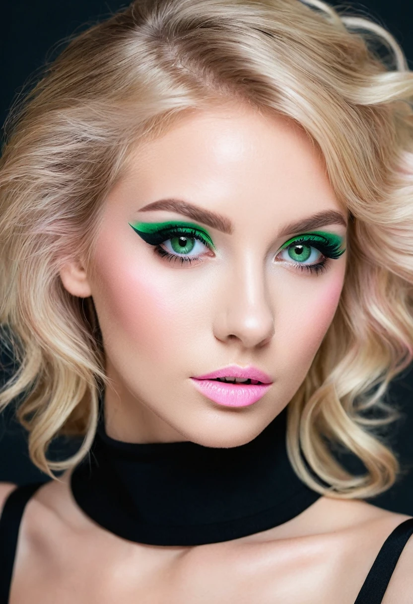 blond woman with pink eye makeup and black dress posing for a picture, a pastel by Zahari Zograf, shutterstock, aestheticism, blonde hair and large eyes, blonde hair with pink highlights, blonde and attractive features, with professional makeup, pink wispy hair, sexy face with full makeup, blonde beautiful young woman, beautiful blonde woman, blond hair green eyes