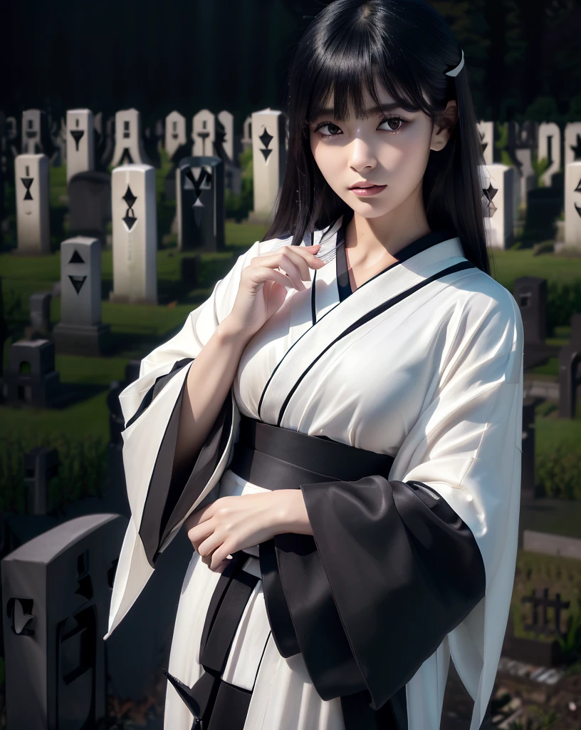 (Highest quality, 32k, High resolution, Masterpiece:1.5), marimo_jet, Ghosts wandering the cemetery at night, Expressing emotions, Have a rich imagination, Beautiful Japanese Girls, An exceptionally beautiful face, Small Face Beauty, , Perfect Human Anatomy, Magical big eyes, Motherhood and generosity, Deep Love, Fleeting Expression, Shiny black hair, Neat, super long, straight silk hair, Asymmetrical bangs, Hair between the eyes, Transparent, soft white skin, Sharp eyebrows, Thin lashes, Natural Makeup, ((Simple white kimono:1.3)), ((Japanese Cemetery:1.5)), ((Simple gravestone)), ((Midnight Darkness:1.7)), ((Pitch black night sky:1.2)), Professional photographer, Professional models