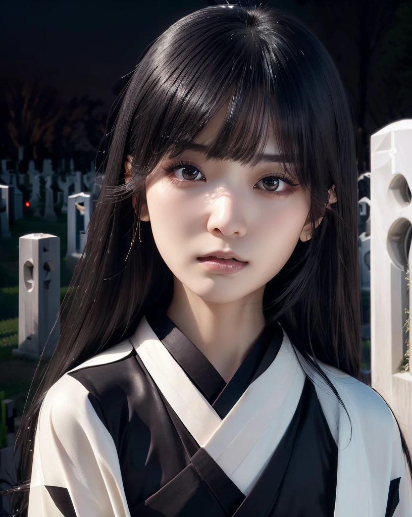 (Highest quality, 32k, High resolution, Masterpiece:1.5), marimo_jet, Ghosts wandering the cemetery at night, Expressing emotions, Have a rich imagination, Beautiful Japanese Girls, An exceptionally beautiful face, Small Face Beauty, , Perfect Human Anatomy, Magical big eyes, Motherhood and generosity, Deep Love, Fleeting Expression, Shiny black hair, Neat, super long, straight silk hair, Asymmetrical bangs, Hair between the eyes, Transparent, soft white skin, Sharp eyebrows, Thin lashes, Natural Makeup, ((Simple white kimono:1.3)), ((Japanese Cemetery:1.5)), ((Simple gravestone)), ((Midnight Darkness:1.7)), ((Pitch black night sky:1.2)), Professional photographer, Professional models
