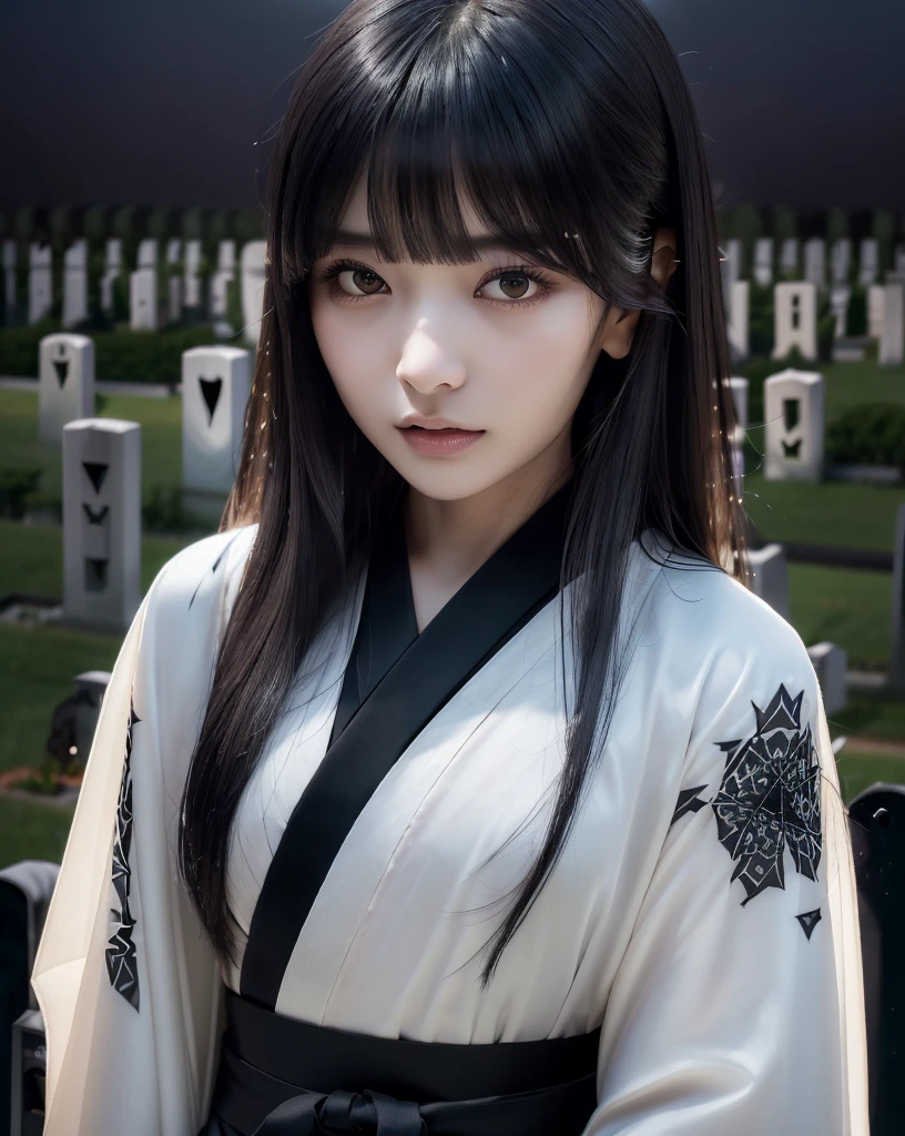 (Highest quality, 32k, High resolution, Masterpiece:1.5), marimo_jet, Ghosts wandering the cemetery at night, Expressing emotions, Have a rich imagination, Beautiful Japanese Girls, An exceptionally beautiful face, Small Face Beauty, , Perfect Human Anatomy, Magical big eyes, Motherhood and generosity, Deep Love, Fleeting Expression, Shiny black hair, Neat, super long, straight silk hair, Asymmetrical bangs, Hair between the eyes, Transparent, soft white skin, Sharp eyebrows, Thin lashes, Natural Makeup, ((Simple white kimono:1.3)), ((Japanese Cemetery:1.5)), ((Simple gravestone)), ((Midnight Darkness:1.7)), ((Pitch black night sky:1.2)), Professional photographer, Professional models