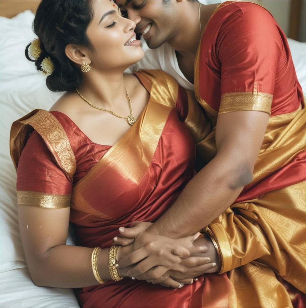 A 45 year old aunty wearing saree kissing a man on bed