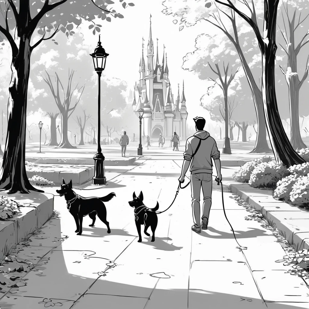 cartoon drawing of two dogs on a leash in a park, animated disney movie inking, published concept art, stylized linework, whole page illustration, by Istvan Banyai, concept art for a video game, by Maksimilijan Vanka, colorkey scene, cartoon concept art