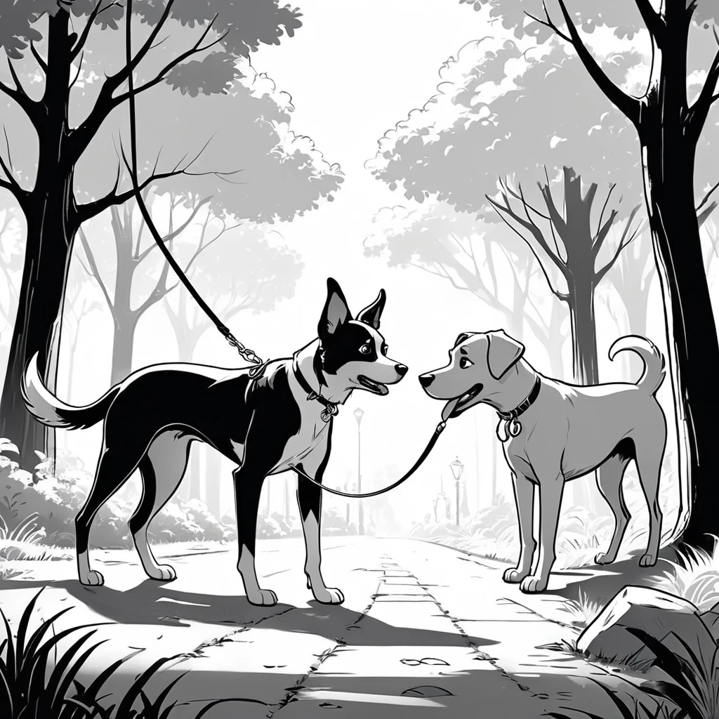 cartoon drawing of two dogs on a leash in a park, animated disney movie inking, published concept art, stylized linework, whole page illustration, by Istvan Banyai, concept art for a video game, by Maksimilijan Vanka, colorkey scene, cartoon concept art