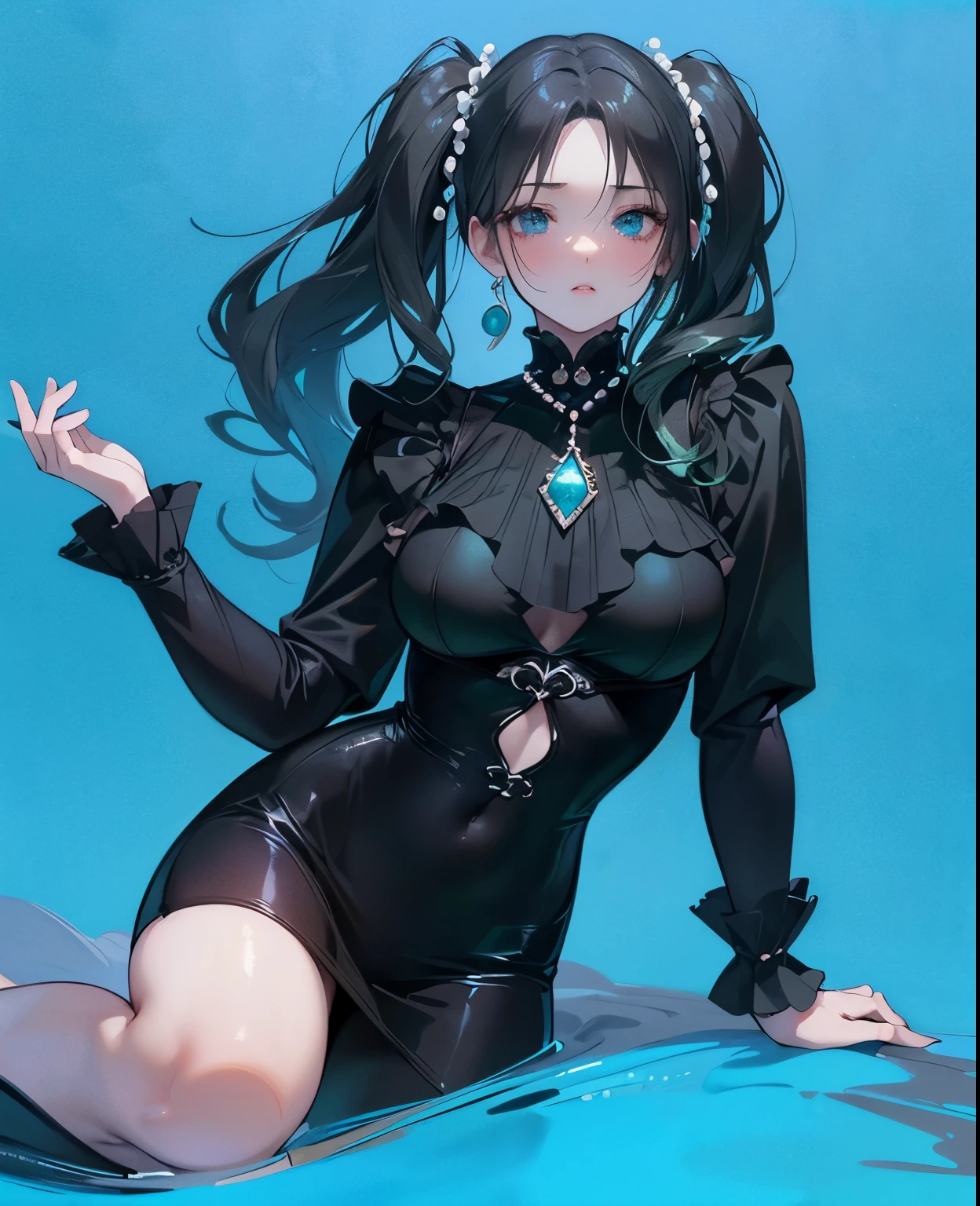 ((dark fantasy)), ((wavy hair, silver hair color, pale skin),(((green aquamarine eyes))), freckles, warm light,( ),busty,Glamour,Gorgeous,monochromes,erotic posing,Dynamic Posing,Arrange Pose,Dramatic,Cinematic,Detailed background, Dynamic Angle,From the angle of the film,Gothic background, Dark fantastic view,Best Quality,masutepiece,8K,The ultimate detailed dark background, Top image quality、RAW photography、超A high resolution,cropped shoulders, overall look is very erotic、Shot for one person only, model shoot, Large round chest, Beautiful Eyes of Details、Very slender eyes、Beautiful eyelashes、Very slim physique, with blush cheeks,Pearl Beaded Bralet Top, ((pearl top)), opal pearl in hand