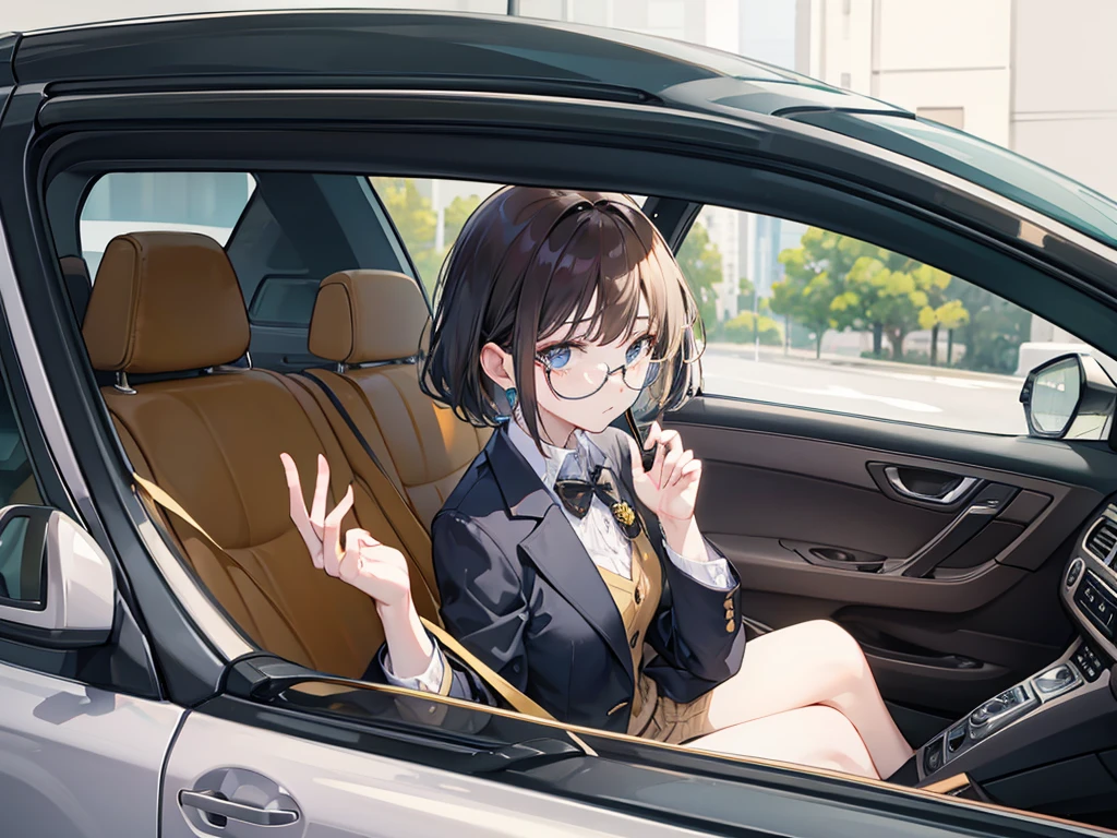 Impatient woman leaning on car window,Wearing gold-rimmed glasses