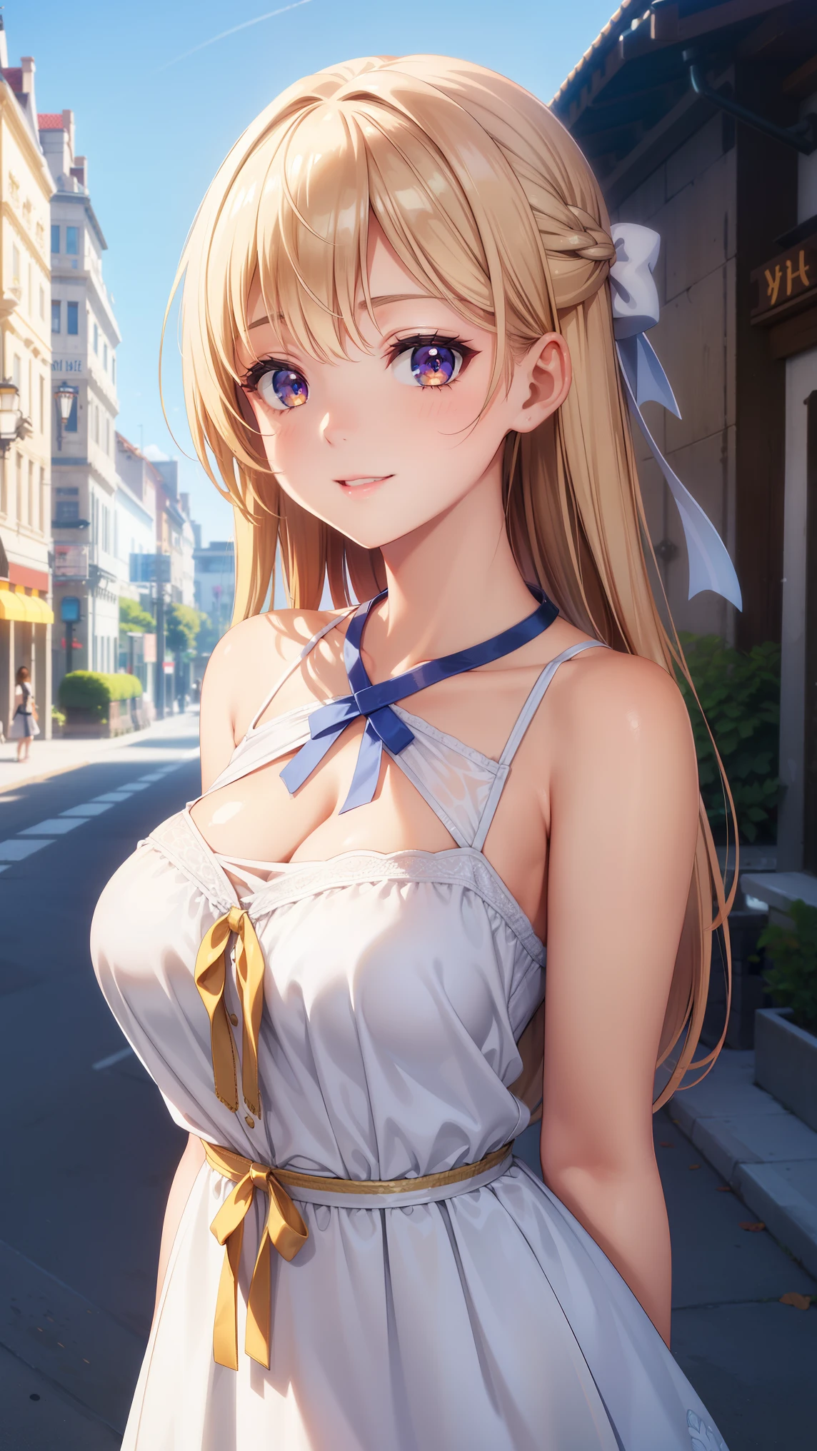 1girl, natural lighting, masterpiece, highly detailed, illustration, game CG, absurdres, high quality, beautiful detailed eyes, glossy lips, natural lighting, medium breasts, klaudia valentz, lighf smile, city street, sundress