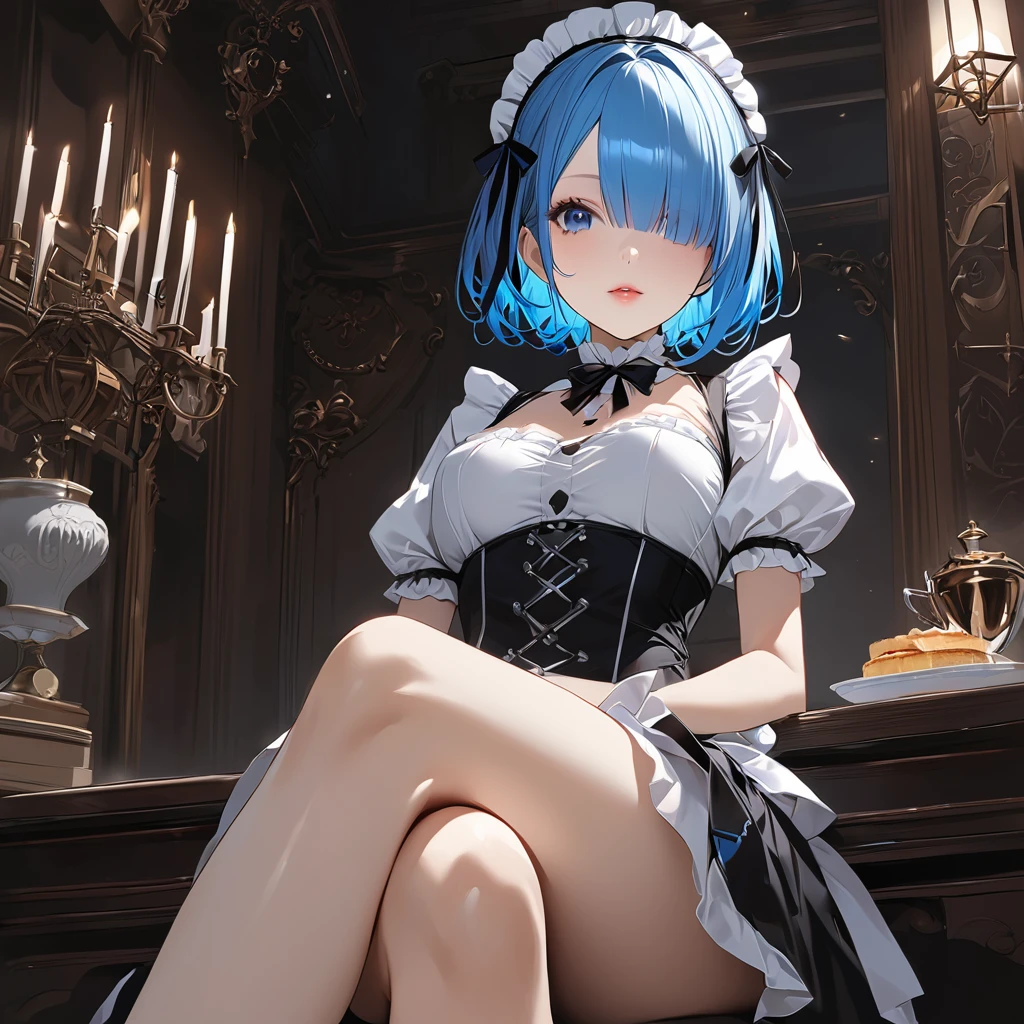 Masterpiece, best quality, 16k resolution, NVIDIA RTX Ray Tracing technology, Create a 4K resolution, ultra-realistic, and extremely detailed artwork, award winning, retina, soft light, sharp focus.(hyper-realistic:1.4) , (medium shot:1.5)
Rem from rezero, (remrin), cute, lustrous skin, enchanting gaze, blue hair, short hair, (hair over one eye:1.3), blue eyes, roswaal mansion maid uniform, black skirt, garter belt, intricate lace, apron, white thighhighs, looking at viewer, strongly ashamed, embarrased, blushing, epic, cinematic, dramatic, reflective, shining, purple glow, big breasts, cleavage, sexy, modeling pose, turned
smooth perfect skin, smooth_skin
Beautiful、(red blush)、big breasts,
FULL BODY SHOT, ultra wide angle, textured skin, face detail, clean skin, perfect hands, perfect anatomy, anatomically correct
