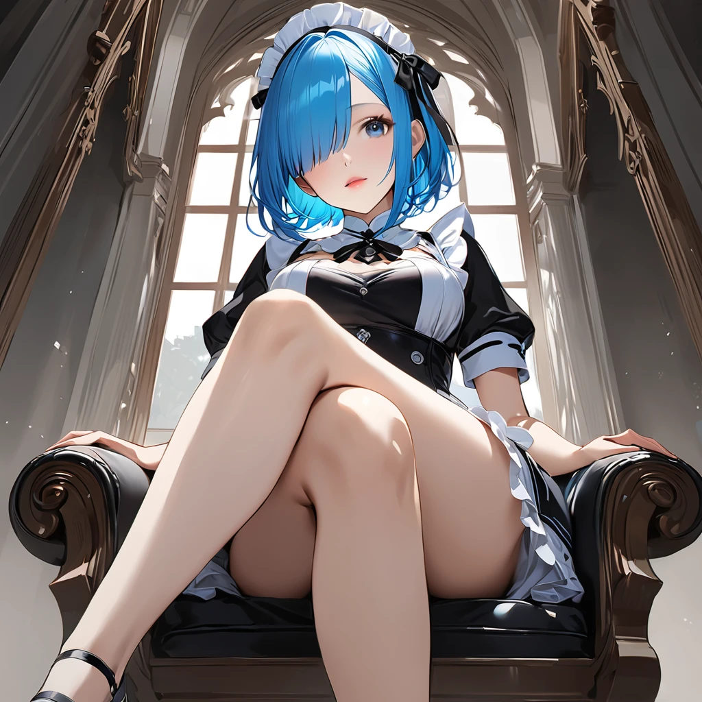 score_9, score_8_up, score_7_up, rem_\(re:zero\)
blue_eyes,hair_over_one_eye,short_hair,blue_hair,hair_ribbon,roswaal_mansion_maid_uniform, 1girl, solo, sitting, crossed legs, from below
Masterpiece, best quality, detailed eyes, perfect face, award winning, hyper-realistic