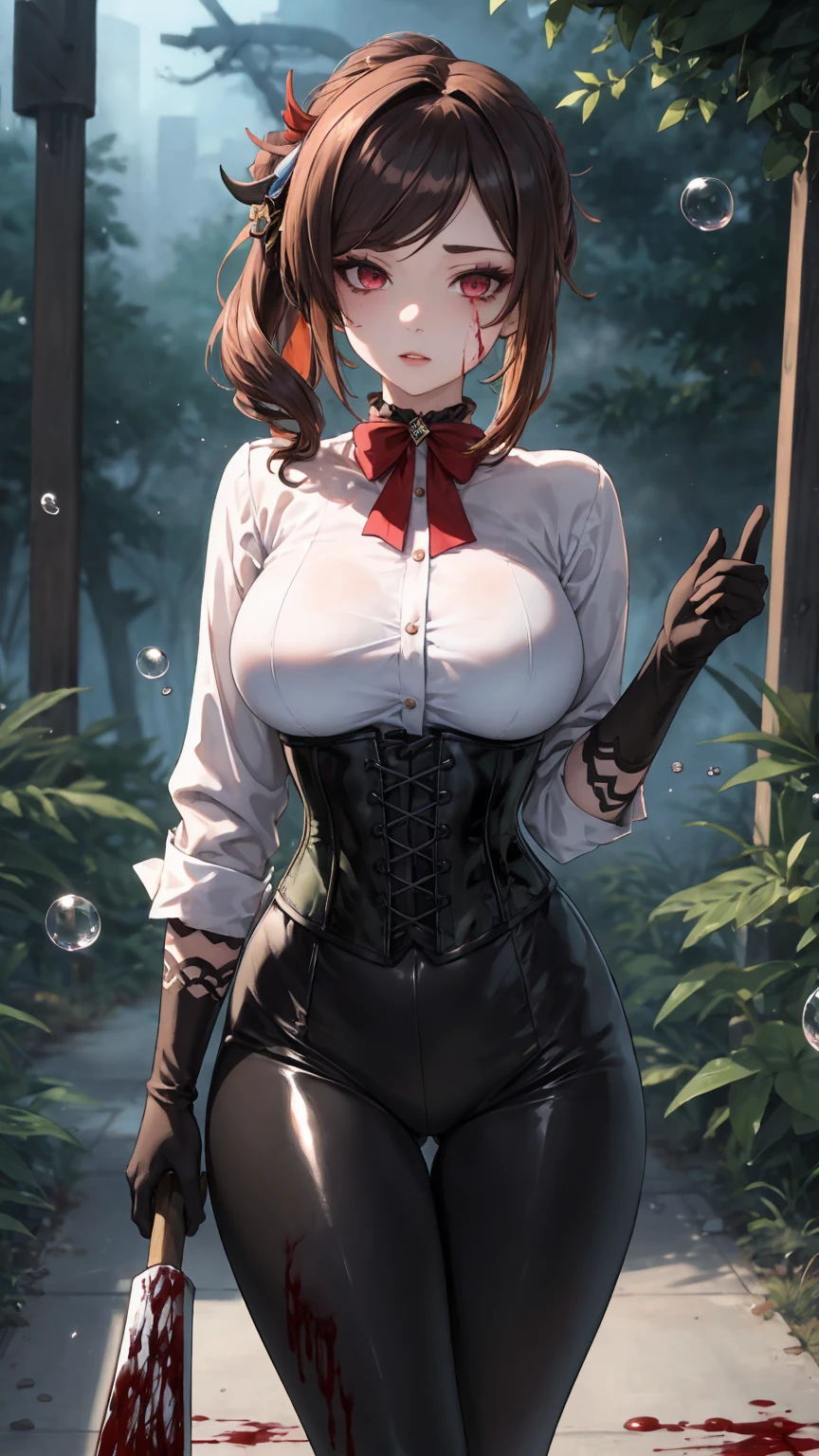 ((blood droplets)), ((blood)), ((blood splatter)), ((blood on clothes)), ((blood stain)), Masterpiece, Beautiful art, professional artist, 8k, Very detailed face, Detailed clothing, detailed fabric, 1 girl, Chiori \(genshin impact\), standing, perfectly drawn body, big breasts, shy expression, pale skin, beautiful face, long black hair, 4k eyes, very detailed eyes, pink cheeks, choker:1.6, (white collar button down long sleeve shirt), black gloves, gloves that cover hands, (holds an ax with his right hand), (black leather corset), (shiny black leggings), Sensual Lips , evening de invierno, show details in the eyes, looking at the viewer, Dark road, dark forest, evening, Atmosphere, fog