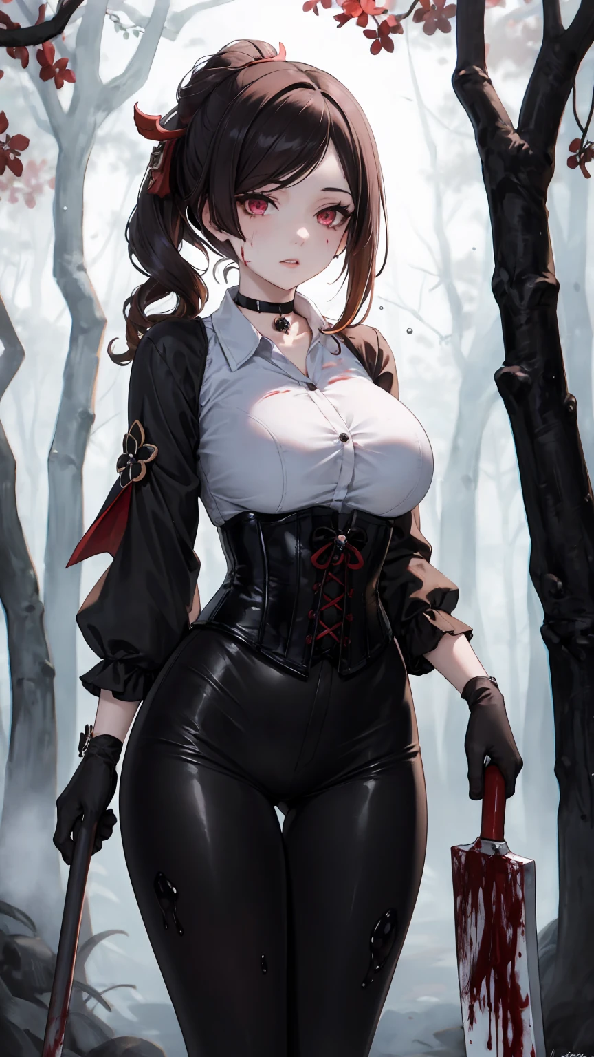 ((blood droplets)), ((blood)), ((blood splatter)), ((blood on clothes)), ((blood stain)), Masterpiece, Beautiful art, professional artist, 8k, Very detailed face, Detailed clothing, detailed fabric, 1 girl, Chiori \(genshin impact\), standing, perfectly drawn body, big breasts, shy expression, pale skin, beautiful face, long black hair, 4k eyes, very detailed eyes, pink cheeks, choker:1.6, (white collar button down long sleeve shirt), black gloves, gloves that cover hands, (holds an ax with his right hand), (black leather corset), (shiny black leggings), Sensual Lips , evening de invierno, show details in the eyes, looking at the viewer, Dark road, dark forest, evening, Atmosphere, fog