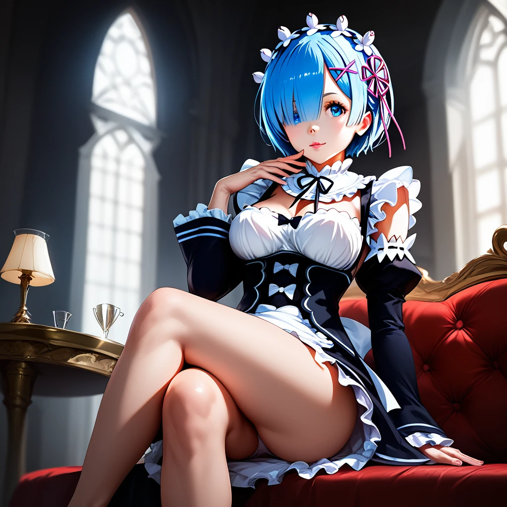 score_9, score_8_up, score_7_up, rem_\(re:zero\)
blue_eyes,hair_over_one_eye,short_hair,blue_hair,hair_ribbon,roswaal_mansion_maid_uniform, 1girl, solo, sitting, crossed legs, from below
Masterpiece, best quality, detailed eyes, perfect face, award winning, hyper-realistic