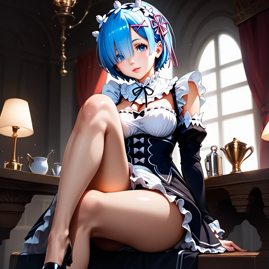 score_9, score_8_up, score_7_up, rem_\(re:zero\)
blue_eyes,hair_over_one_eye,short_hair,blue_hair,hair_ribbon,roswaal_mansion_maid_uniform, 1girl, solo, sitting, crossed legs, from below
Masterpiece, best quality, detailed eyes, perfect face, award winning, hyper-realistic