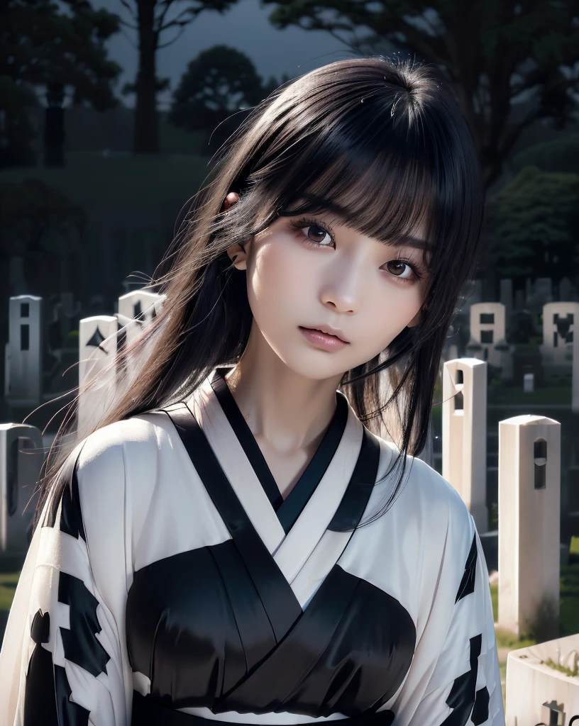 (Highest quality, 32k, High resolution, Masterpiece:1.5), marimo_jet, Ghosts wandering the cemetery at night, Expressing emotions, Have a rich imagination, Beautiful Japanese Girls, An exceptionally beautiful face, Small Face Beauty, , Perfect Human Anatomy, Magical big eyes, Motherhood and generosity, Deep Love, Fleeting Expression, Shiny black hair, Neat, super long, straight silk hair, Asymmetrical bangs, Hair between the eyes, Transparent, soft white skin, Sharp eyebrows, Thin lashes, No makeup, ((Simple white kimono:1.3)), ((Japanese Cemetery:1.5)), ((Simple gravestone)), ((Midnight Darkness:1.7)), ((Pitch black night sky:1.2)), Professional photographer, Professional models
