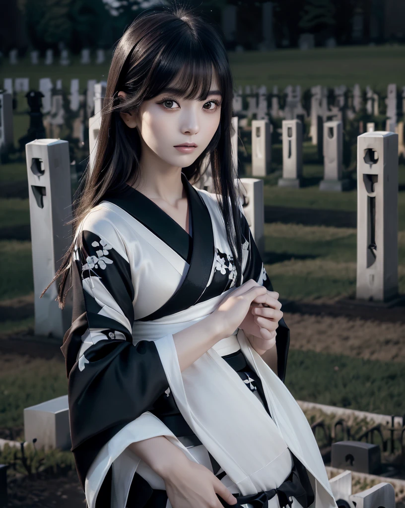 (Highest quality, 32k, High resolution, Masterpiece:1.5), marimo_jet, World of Darkness, A terrifying photograph, Horror, Evoking eerie silence and elusive beauty, Expressing emotions, Have a rich imagination, Beautiful Japanese Girls, An exceptionally beautiful face, Small Face Beauty, , Perfect Human Anatomy, Magical big eyes, I endure the sadness, Fleeting Expression, Black Hair, Neat, super long, straight silk hair, Asymmetrical bangs, Hair between the eyes, Unhealthy pale skin, Sharp eyebrows, Thin lashes, ((White kimono:1.4)), Slim figure with ample breasts, ((A hill lined with gravestones:1.5)), ((Midnight Darkness:1.5)), Professional photographer, Professional models