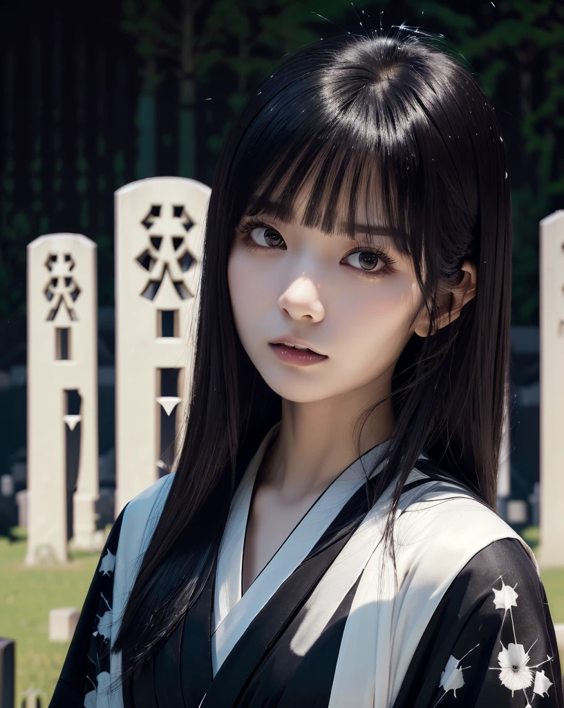 (Highest quality, 32k, High resolution, Masterpiece:1.5), marimo_jet, Ghosts wandering the cemetery at night, Expressing emotions, Have a rich imagination, Beautiful Japanese Girls, An exceptionally beautiful face, Small Face Beauty, , Perfect Human Anatomy, Magical big eyes, Motherhood and generosity, Deep Love, Fleeting Expression, Shiny black hair, Neat, super long, straight silk hair, Asymmetrical bangs, Hair between the eyes, Transparent, soft white skin, Sharp eyebrows, Thin lashes, No makeup, ((Simple white kimono:1.3)), ((Japanese Cemetery:1.5)), ((Simple gravestone)), ((Midnight Darkness:1.7)), ((Pitch black night sky:1.2)), Professional photographer, Professional models