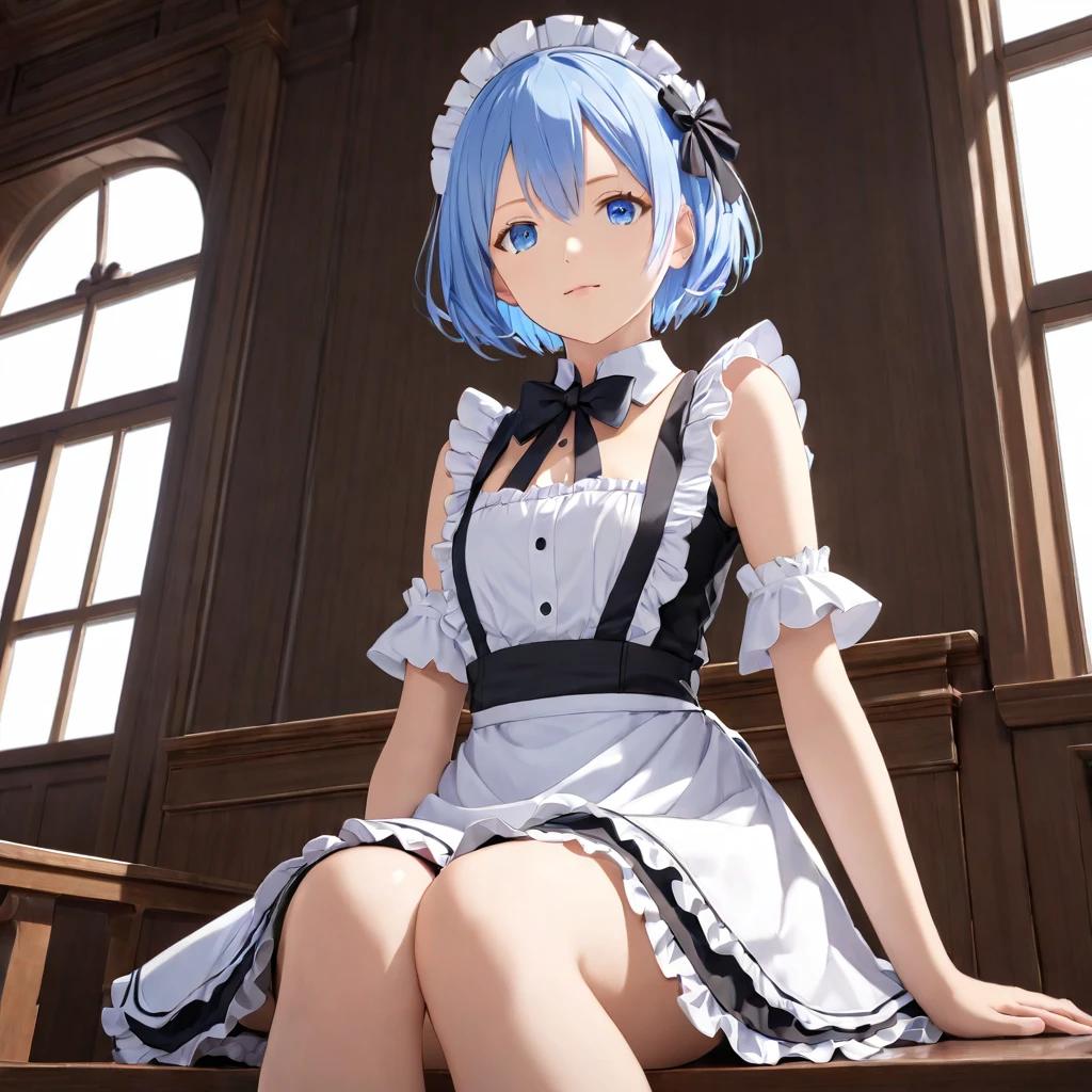 score_9, score_8_up, score_7_up, rem_\(re:zero\)
blue_eyes,hair_over_one_eye,short_hair,blue_hair,hair_ribbon,roswaal_mansion_maid_uniform, 1girl, solo, sitting, crossed legs, from below
Masterpiece, best quality, detailed eyes, perfect face, award winning, hyper-realistic