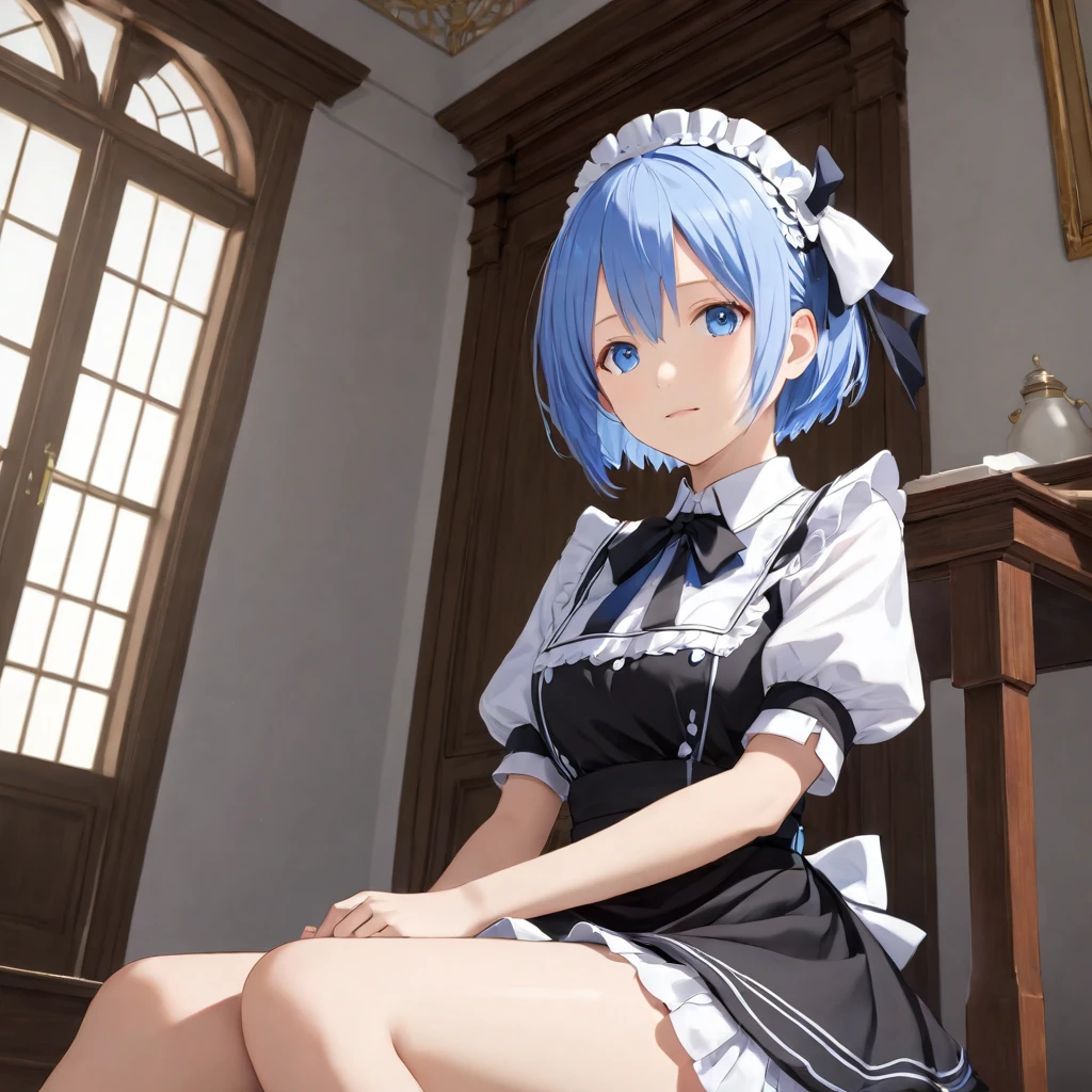 score_9, score_8_up, score_7_up, rem_\(re:zero\)
blue_eyes,hair_over_one_eye,short_hair,blue_hair,hair_ribbon,roswaal_mansion_maid_uniform, 1girl, solo, sitting, crossed legs, from below
Masterpiece, best quality, detailed eyes, perfect face, award winning, hyper-realistic