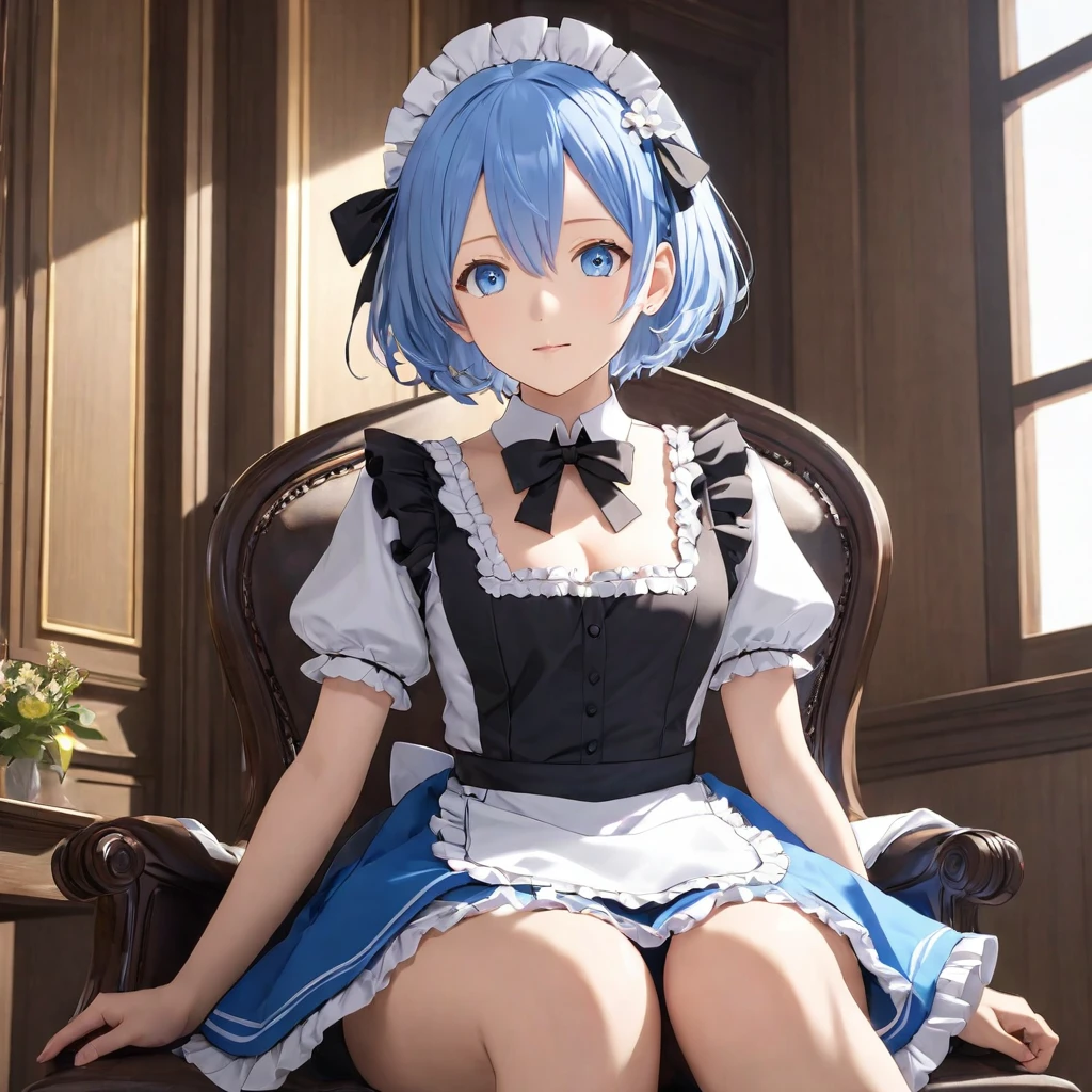 score_9, score_8_up, score_7_up, rem_\(re:zero\)
blue_eyes,hair_over_one_eye,short_hair,blue_hair,hair_ribbon,roswaal_mansion_maid_uniform, 1girl, solo, sitting, crossed legs, from below
Masterpiece, best quality, detailed eyes, perfect face, award winning, hyper-realistic