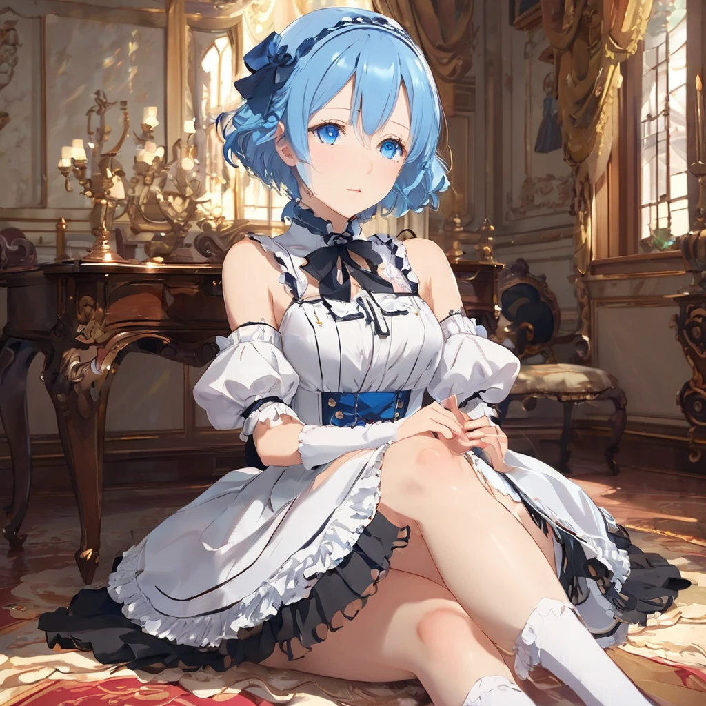 score_9, score_8_up, score_7_up, rem_\(re:zero\)
blue_eyes,hair_over_one_eye,short_hair,blue_hair,hair_ribbon,roswaal_mansion_maid_uniform, 1girl, solo, sitting, crossed legs, from below
Masterpiece, best quality, detailed eyes, perfect face, award winning, hyper-realistic