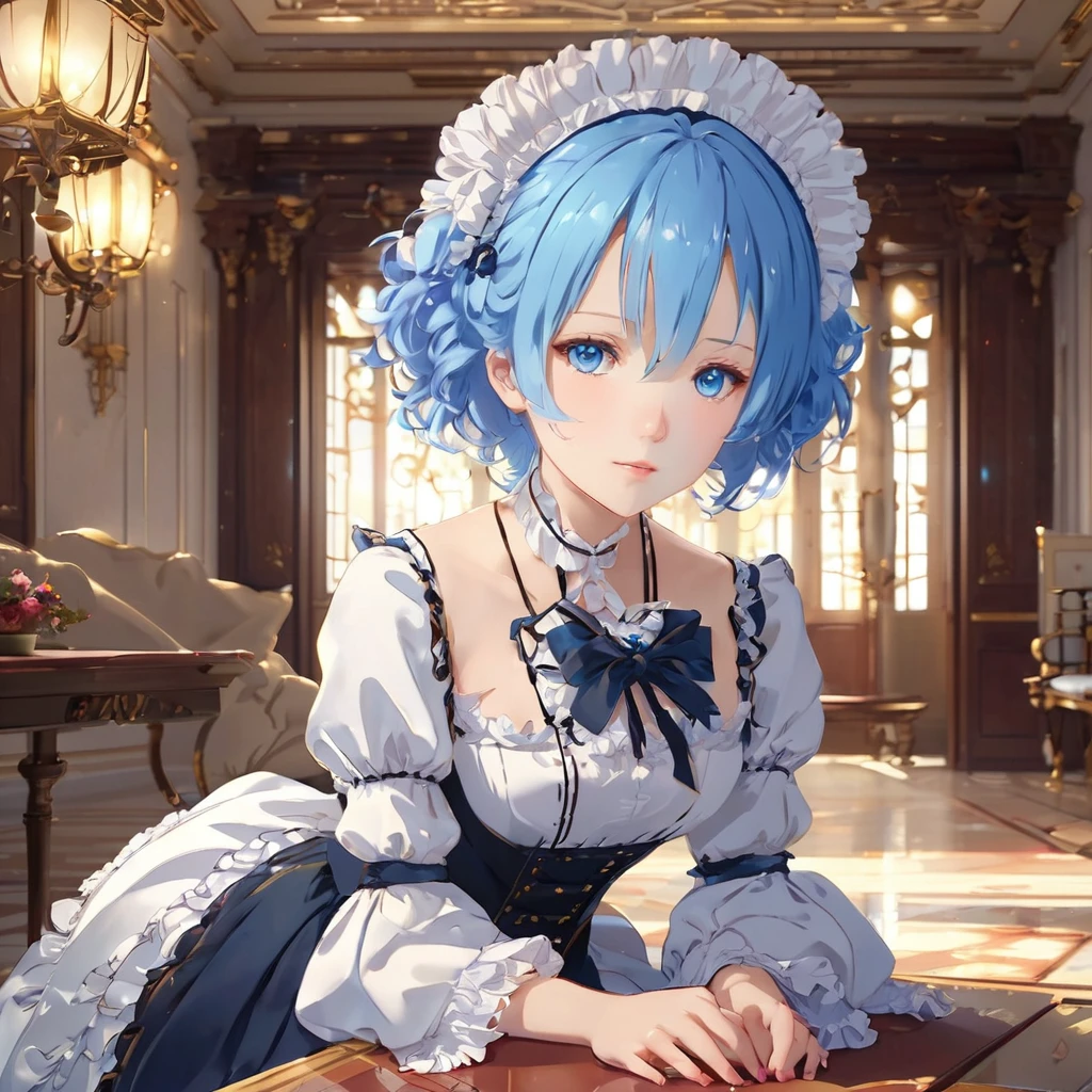 score_9, score_8_up, score_7_up, rem_\(re:zero\)
blue_eyes,hair_over_one_eye,short_hair,blue_hair,hair_ribbon,roswaal_mansion_maid_uniform, 1girl, solo, sitting, crossed legs, from below
Masterpiece, best quality, detailed eyes, perfect face, award winning, hyper-realistic