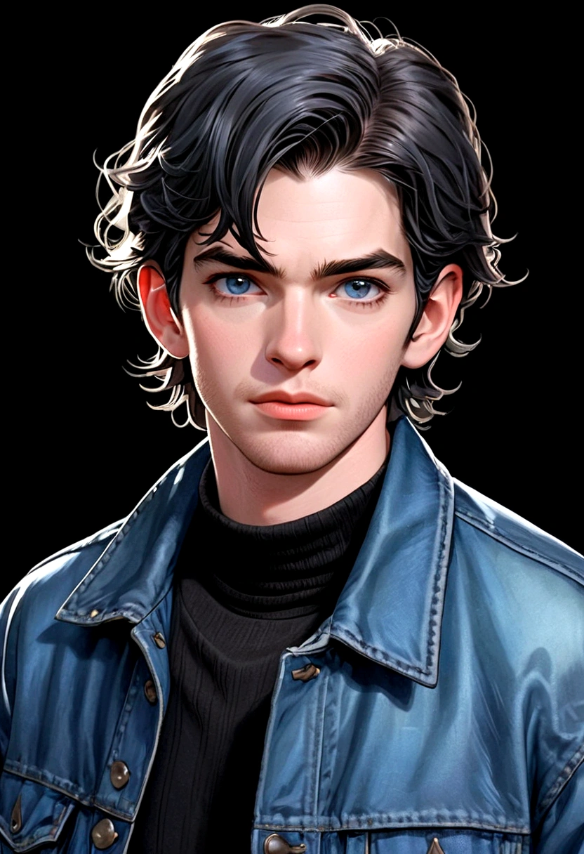 andrew Garfield, man, defined body, round face, short hair, hair back, messy front hair, black hair, Sapphire blue eyes, small nose, small lips, soft jaw, denim jacket, simple black high-neck t-shirt, blue jeans, exhausted expression, falling into a bottomless precipice, looking at the sky, black background, view of the face 