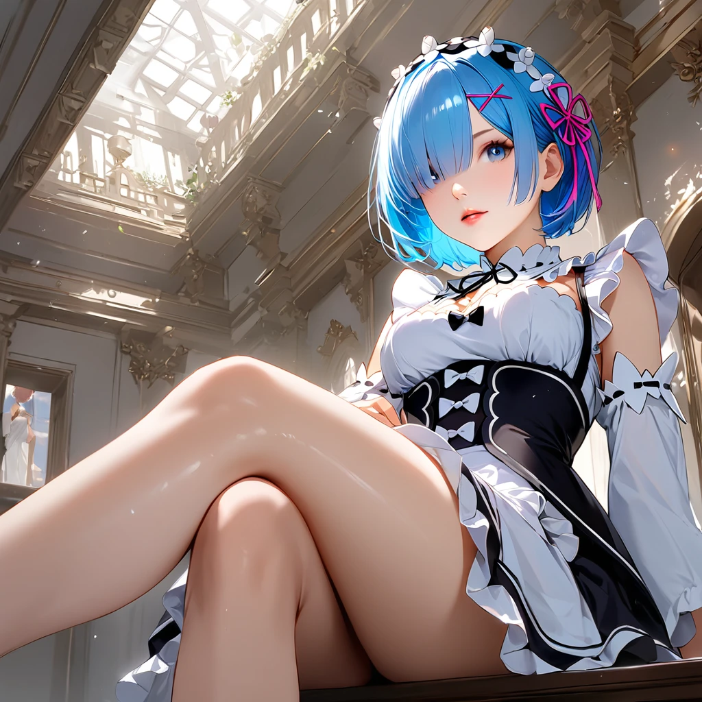 score_9, score_8_up, score_7_up, rem_\(re:zero\)
blue_eyes,hair_over_one_eye,short_hair,blue_hair,hair_ribbon,roswaal_mansion_maid_uniform, 1girl, solo, sitting, crossed legs, from below
Masterpiece, best quality, detailed eyes, perfect face, award winning, hyper-realistic