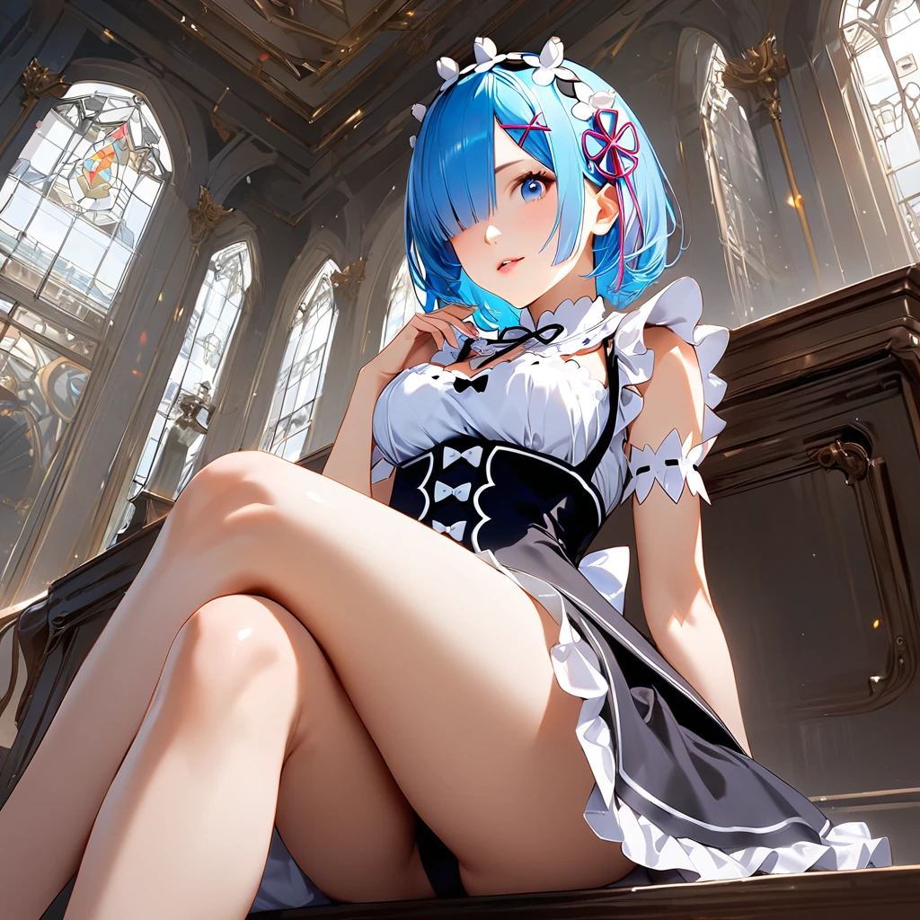 score_9, score_8_up, score_7_up, rem_\(re:zero\)
blue_eyes,hair_over_one_eye,short_hair,blue_hair,hair_ribbon,roswaal_mansion_maid_uniform, 1girl, solo, sitting, crossed legs, from below
Masterpiece, best quality, detailed eyes, perfect face, award winning, hyper-realistic