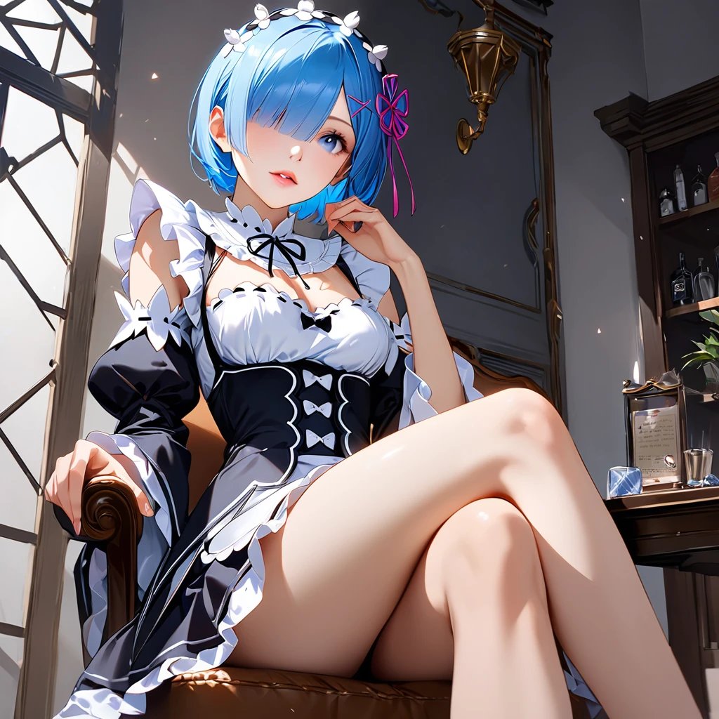 score_9, score_8_up, score_7_up, rem_\(re:zero\)
blue_eyes,hair_over_one_eye,short_hair,blue_hair,hair_ribbon,roswaal_mansion_maid_uniform, 1girl, solo, sitting, crossed legs, from below
Masterpiece, best quality, detailed eyes, perfect face, award winning, hyper-realistic