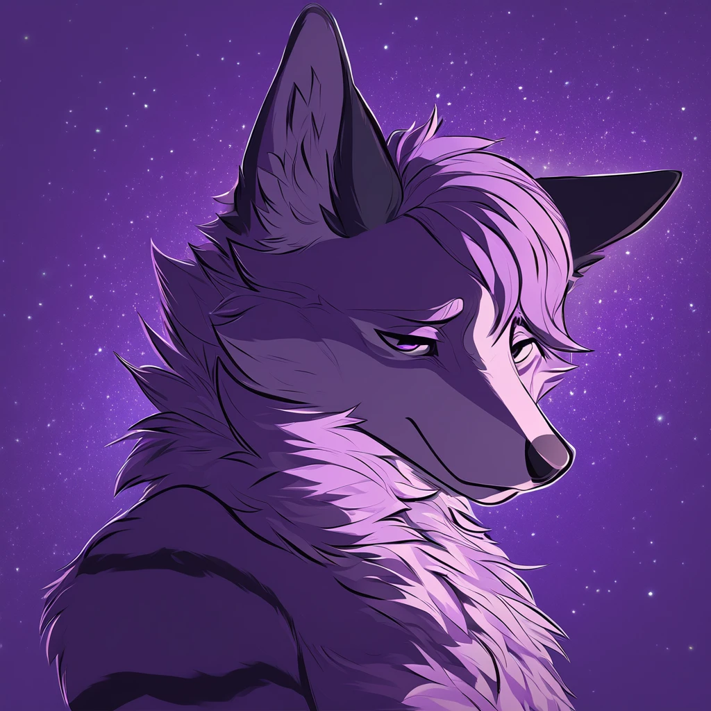 adult, feline, mammal, anthro, anthropomorphic, fox, striped, fur, striped_feline, fur, male, light_purple, purple_hair, fluffy, dark_purple, purple_chest, shy, small_pupils, digital_art, high_resolution, high_res, hand-drawn, pencil_lines, head_visible, background, neck_visible, seductive_face, detailed_line_work, profile_picture, head_visible, purple_galaxy_background,
