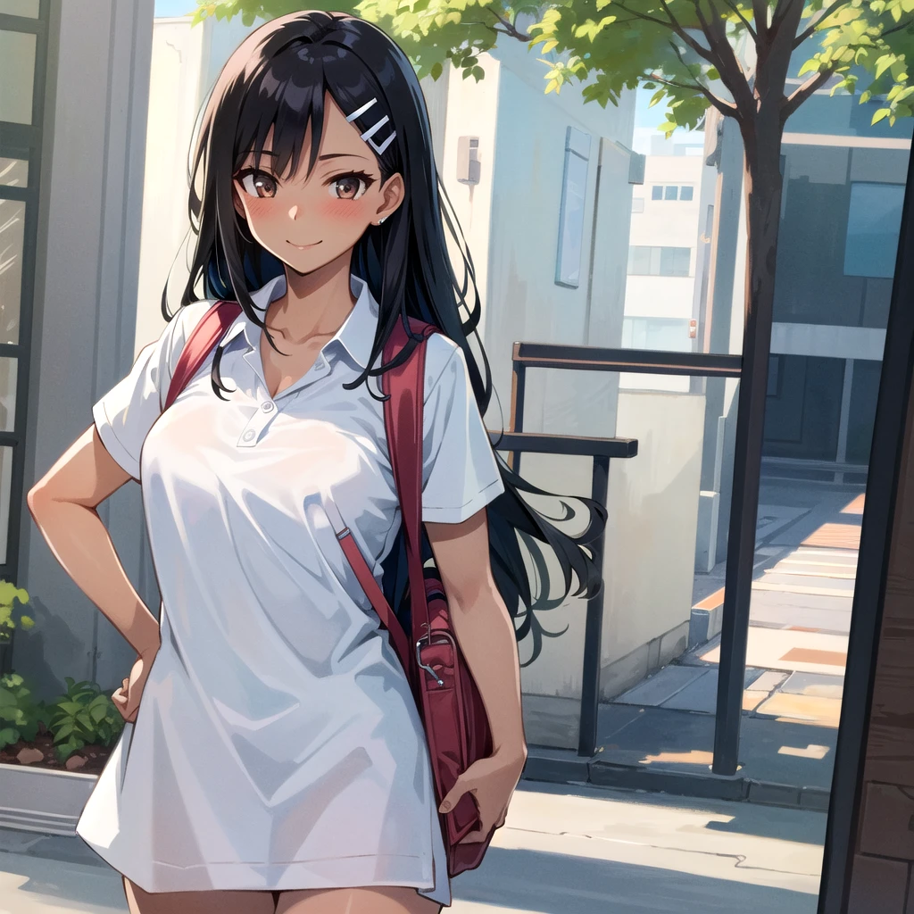 ((best quality)), ((masterpiece)), (details), one girl, sexy ((best quality)), ((masterpiece)), (details), one girl, sexy ((best quality)), ((masterpiece)), (details), one girl, full body, sexy expensive body, expensive, long legs, mature woman, mature, adult, it_nagatoro_main, Hayase Nagatoro, one girl, blushing, alone, uniform polo shirt, short sleeves, black hair, bag, brown eyes, hair accessory, looking at viewer, hair clip, outdoors, backpack, smiling, long hair, dark skinned woman, dark skin, , bangs, daytime, skirt, collared shirt, collarbone, ear clip, mouth closed, tree, asymmetrical bangs, upper body