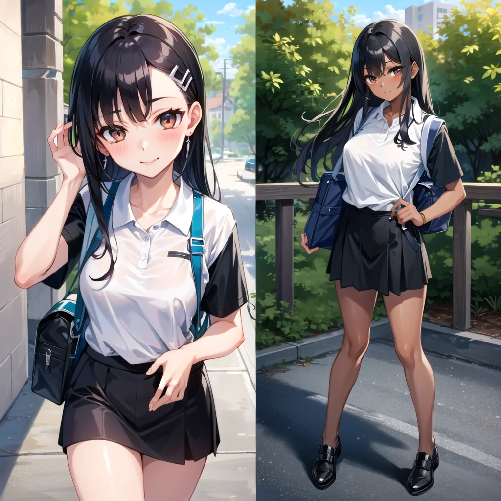 ((best quality)), ((masterpiece)), (details), one girl, sexy ((best quality)), ((masterpiece)), (details), one girl, sexy ((best quality)), ((masterpiece)), (details), one girl, full body, sexy expensive body, expensive, long legs, mature woman, mature, adult, it_nagatoro_main, Hayase Nagatoro, one girl, blushing, alone, uniform polo shirt, short sleeves, black hair, bag, brown eyes, hair accessory, looking at viewer, hair clip, outdoors, backpack, smiling, long hair, dark skinned woman, dark skin, , bangs, daytime, skirt, collared shirt, collarbone, ear clip, mouth closed, tree, asymmetrical bangs, upper body