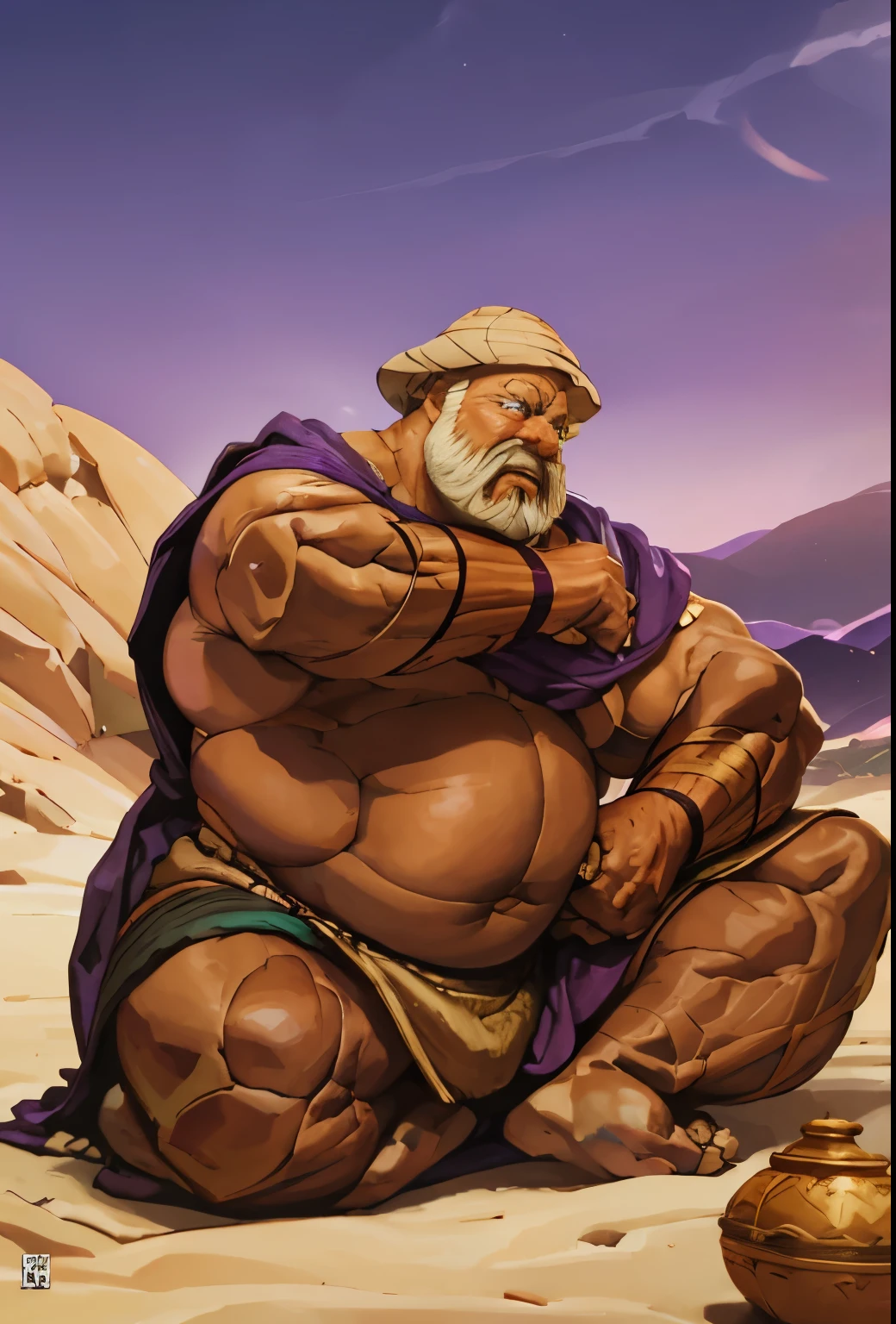 Arabian Bedouin background, Wide shot Landscape, 8K, Soft Purple hue colour sky, Large Sand dunes, grass patches, Arabian Nights inspired, Profile of a naked bald fat old muscular Man sitting on sand dune wearing a white desert robe over his shoulder, contented expression, large belly