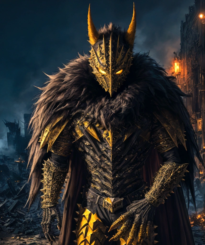 (extremely detailed 8k wallpaper), a medium shot photo of  Grim dressed as a scary masked yellow furry-supervillain in a yellow spiked armour made of fur glowing armour with spikes from marvel, theme, intricate, high detail, dramatic, furry monster and destroyed buildings in the background