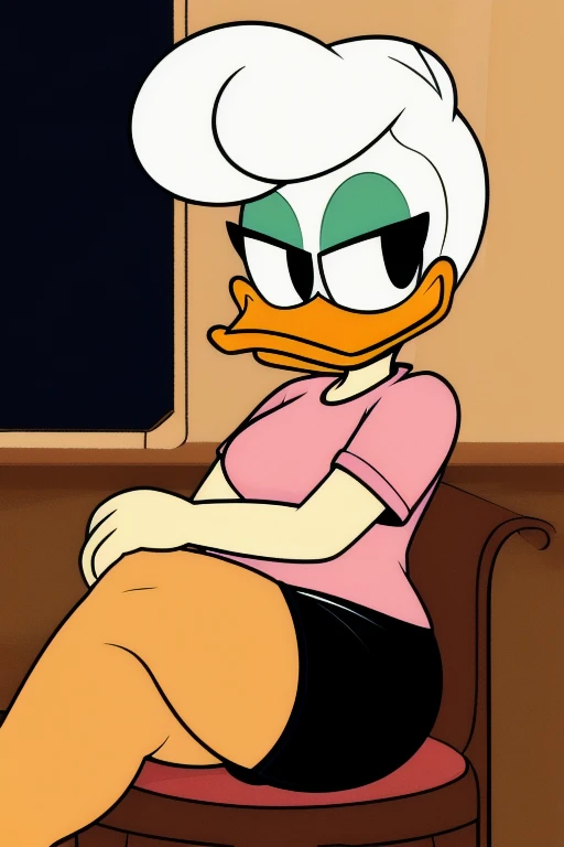 (ducktales:1.2) (ducktales:1.2) (by kyurisawa:1.2) (by chelodoy:1) (by ashraely:1) BREAK, daisy duck, beak, white skin, white body, white hair, black centered bow, headband, rounded bangs, hair bun, female, breasts, orange legs,  clothed, clothing, mouth closed, eyeliner, teal eyeshadow, black eyes, inside, mansion background, night (smile, squint:1.3) looking at viewer (pink dress) (clothed:1.2), skirt lift, pussy, spread legs, pussy juice 