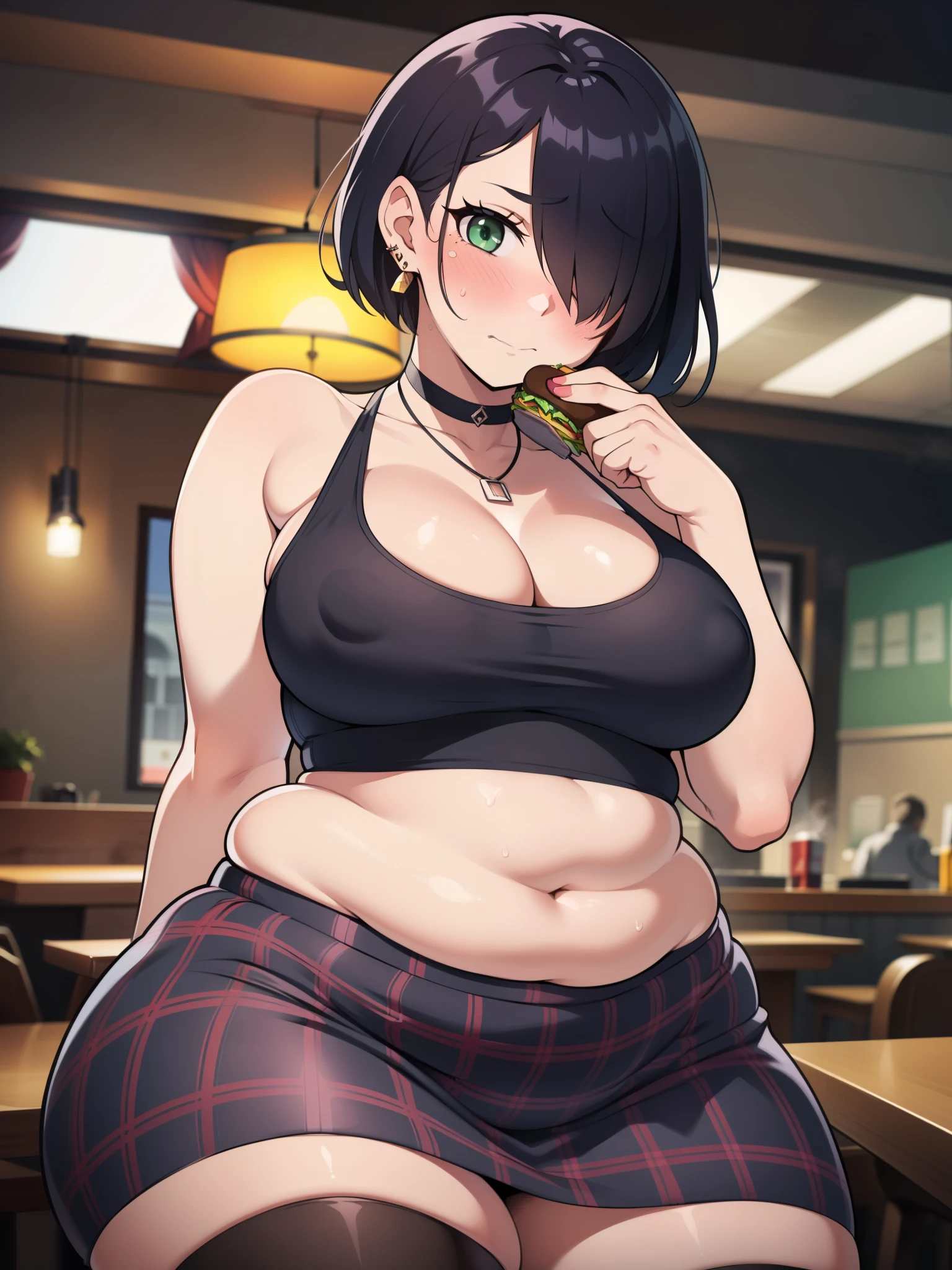 ((Masterpiece)), perfect anatomy, perfect shading, field of depth, (best quality), extremely delicate and beautiful, perfect lighting, detailed face, ultra cute face, cute, (cowboy shot 1.2), looking at viewer, (((1girl))), (((solo))), full body, goth girl
Short hair, black hair, (hair over one eye), pale skin, green eyes, eye liner, ear piercing, choker, necklace, (((blush))), shy, nervous, (black tank top 1.5), (plaid short sectioned skirt 1.5), thigh highs, medium breasts, cleavage, ((wide hips)), (((thick thighs))), (chubby), chubby belly,
fast food restaurant, table full of food, intricate background, detailed background, hand on breast,