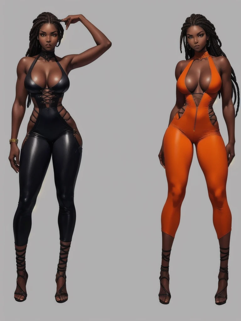 ((best quality)), ((4k)), ((highres)), ((masterpiece:1.2)). ((detailed)), ((ultra realistic)), ((intricate details)), ((full body picture)), a full body picture of a beautifull Ebony skinned female, black woman, dark skin, ebony princess, ebony model, perfect face, detailed eyes, detailed lips, posing with her arms above her head, ((arms above her head)), about 25 years old, about 5'7 ft. tall, long thin dreadlocks down to her hips, ((emphasis on her long thin dreadlocks down to her hips)), pretty, feminine woman, toned body but not too muscular looking, hourglass figure, dressed in a skin-tight sleeveless full body orange jumpsuit, ((emphasis on the skin-tight sleeveless full body orange jumpsuit)), showing cleavage, glamorous, strappy lace up high, fighting game character concept art, tekken character design, the king of fighters character concept, full bofy, full body concept art, full body art