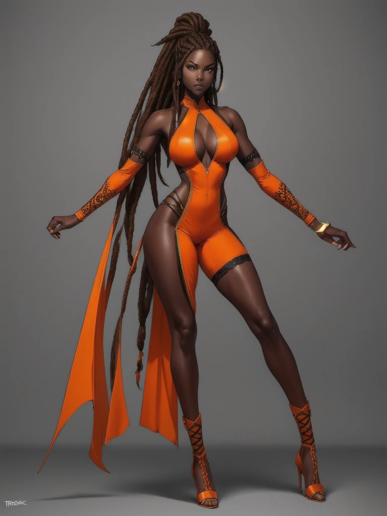 ((best quality)), ((4k)), ((highres)), ((masterpiece:1.2)). ((detailed)), ((ultra realistic)), ((intricate details)), ((full body picture)), a full body picture of a beautifull Ebony skinned female, black woman, dark skin, ebony princess, ebony model, perfect face, detailed eyes, detailed lips, posing with her arms above her head, ((arms above her head)), about 25 years old, about 5'7 ft. tall, long thin dreadlocks down to her hips, ((emphasis on her long thin dreadlocks down to her hips)), pretty, feminine woman, toned body but not too muscular looking, hourglass figure, dressed in a skin-tight sleeveless full body orange jumpsuit, ((emphasis on the skin-tight sleeveless full body orange jumpsuit)), showing cleavage, glamorous, strappy lace up high, fighting game character concept art, tekken character design, the king of fighters character concept, full bofy, full body concept art, full body art