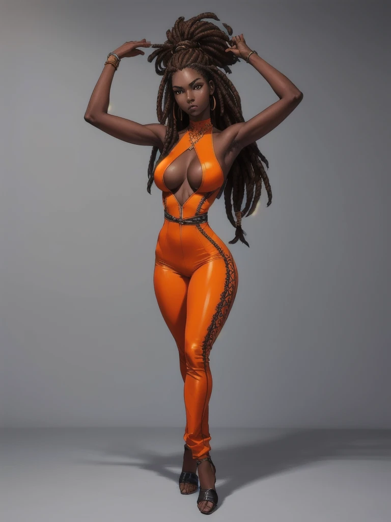((best quality)), ((4k)), ((highres)), ((masterpiece:1.2)). ((detailed)), ((ultra realistic)), ((intricate details)), ((full body picture)), ((solo character)), a full body picture of a beautifull Ebony skinned female, black woman, dark skin, ebony princess, ebony model, perfect face, detailed eyes, detailed lips, about 25 years old, about 5'7 ft. tall, long thin dreadlocks down to her hips, ((emphasis on her long thin dreadlocks down to her hips)), pretty, feminine woman, toned body but not too muscular looking, hourglass figure, dressed in a skin-tight sleeveless full body orange jumpsuit, ((emphasis on the skin-tight sleeveless full body orange jumpsuit)), gold adornments, showing cleavage, glamorous, strappy lace up high, fighting game character concept art, tekken character design, the king of fighters character concept, full bofy, full body concept art, full body art