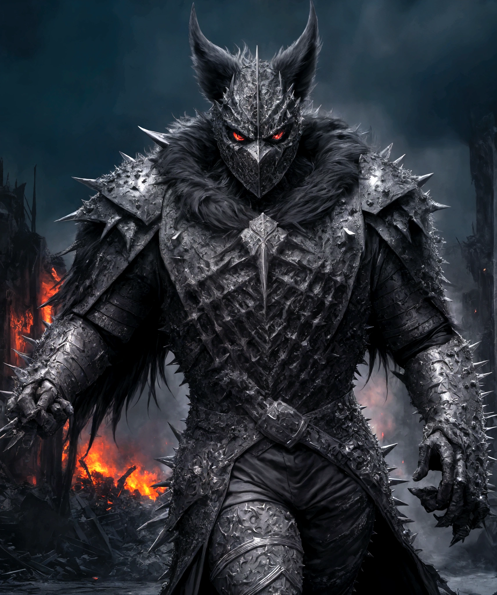 (extremely detailed 8k wallpaper), a medium shot photo of  Grim dressed as a scary masked furry-supervillain in a  spiked armour made of fur glowing armour with spikes from marvel, theme, intricate, high detail, dramatic, furry monster and destroyed buildings in the background