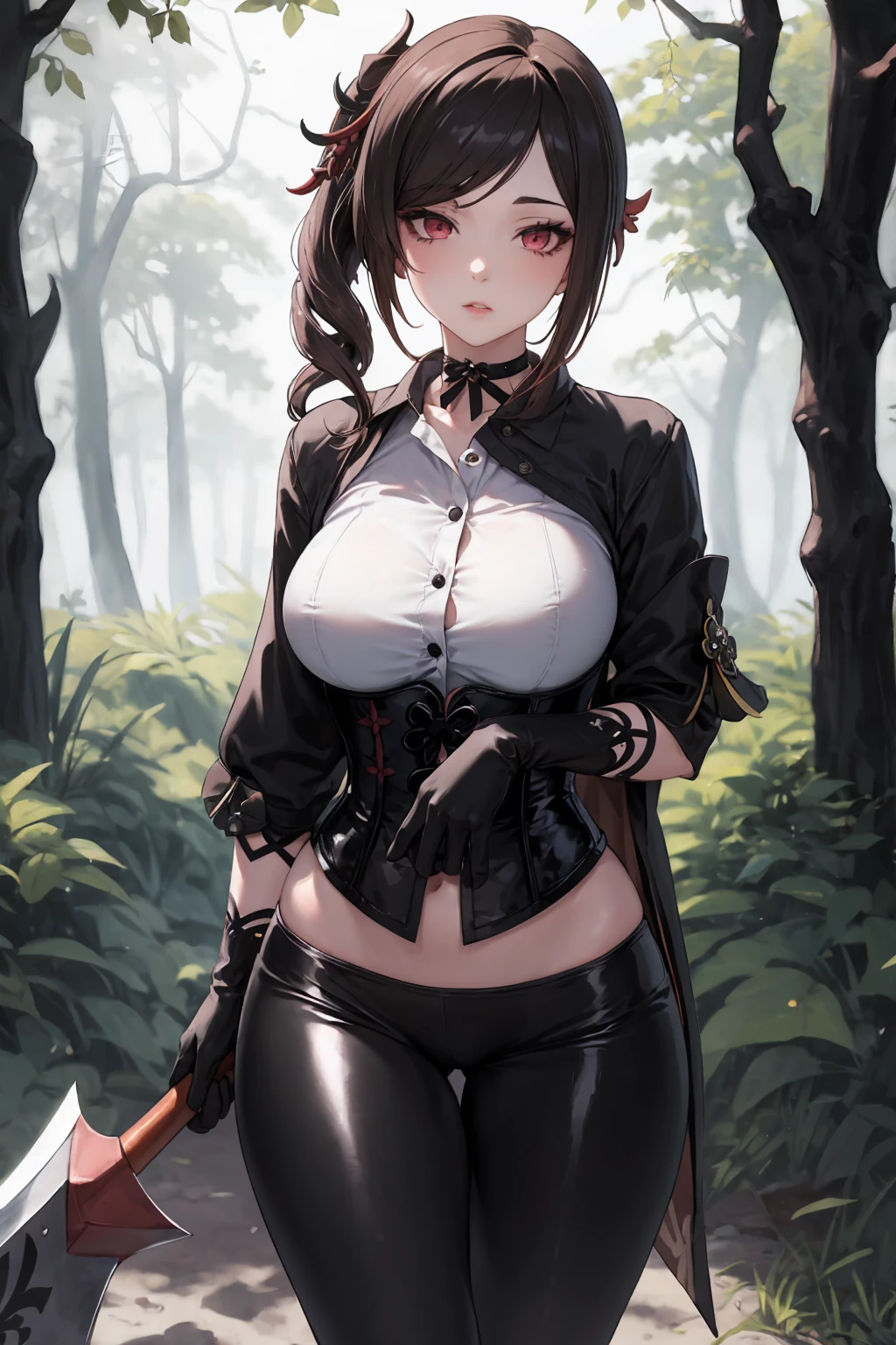  Masterpiece, Beautiful art, professional artist, 8k, Very detailed face, Detailed clothing, detailed fabric, 1 girl, Chiori \(genshin impact\), standing, perfectly drawn body, big breasts, shy expression, pale skin, beautiful face, long black hair, 4k eyes, very detailed eyes, pink cheeks, choker:1.6, (white collar button down long sleeve shirt), black gloves, gloves that cover hands, (holds an ax with his right hand), (black leather corset), (shiny black leggings), Sensual Lips , evening de invierno, show details in the eyes, looking at the viewer, Dark road, dark forest, evening, Atmosphere, fog