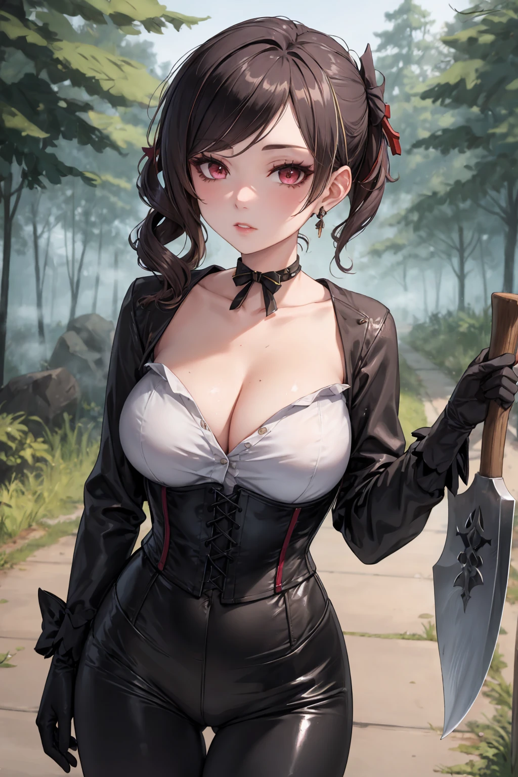  Masterpiece, Beautiful art, professional artist, 8k, Very detailed face, Detailed clothing, detailed fabric, 1 girl, Chiori \(genshin impact\), standing, perfectly drawn body, big breasts, shy expression, pale skin, beautiful face, long black hair, 4k eyes, very detailed eyes, pink cheeks, choker:1.6, (white collar button down long sleeve shirt), black gloves, gloves that cover hands, (holds an ax with his right hand), (black leather corset), (shiny black leggings), Sensual Lips , evening de invierno, show details in the eyes, looking at the viewer, Dark road, dark forest, evening, Atmosphere, fog